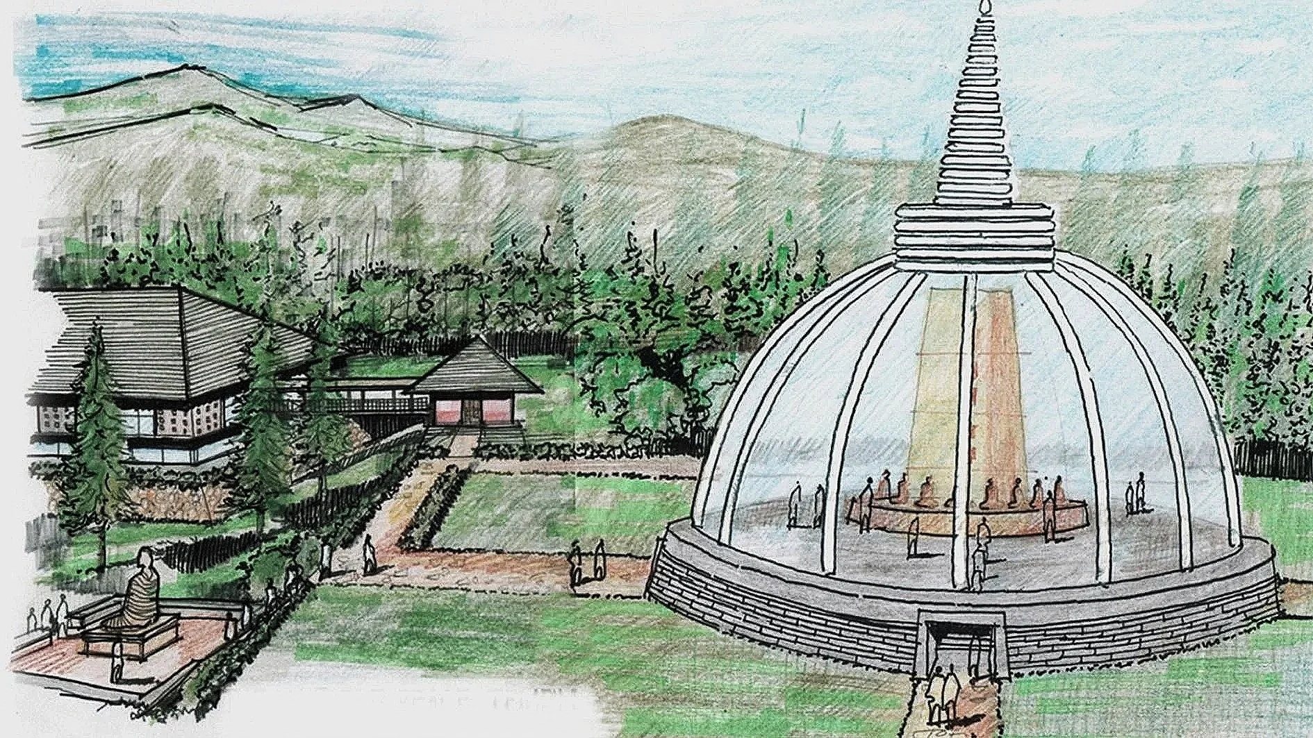 A watercolor sketch of an outdoor scene featuring a large glass dome structure with a pagoda-style roof, surrounded by trees, gardens, and smaller traditional-style buildings, with mountains in the background.