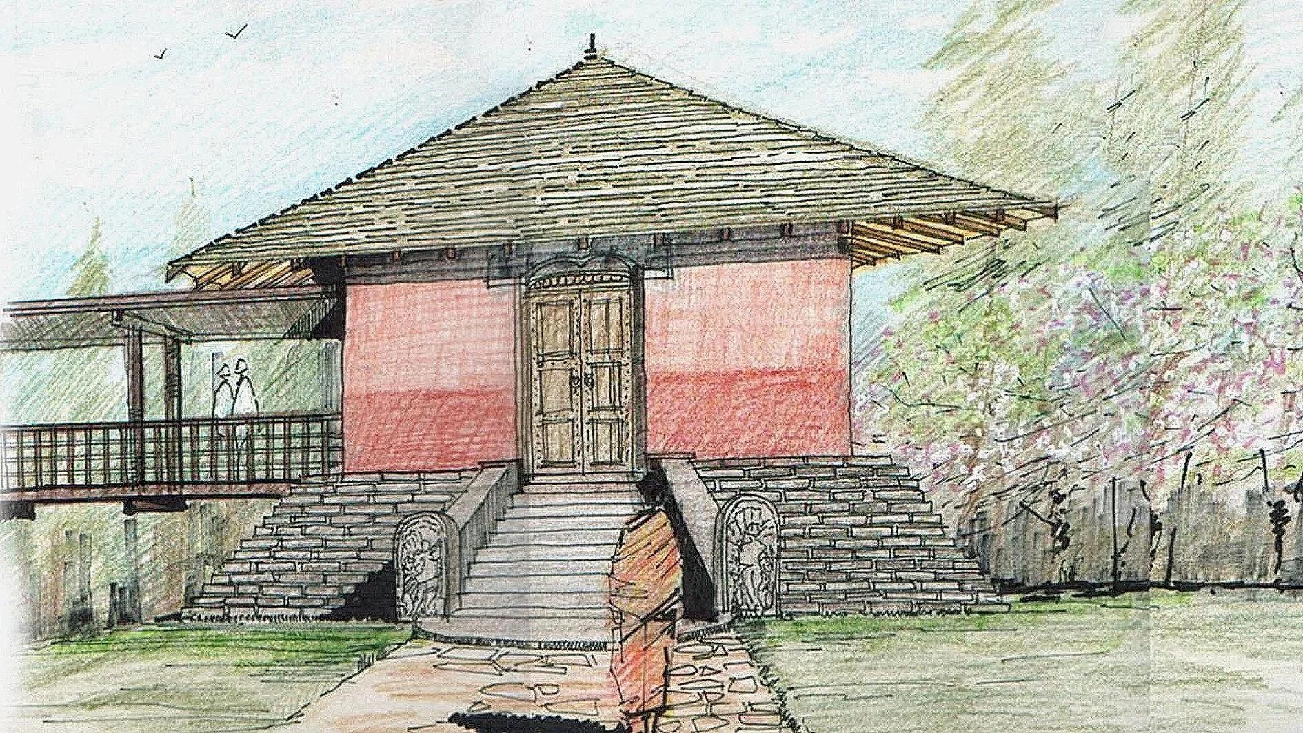 A hand-drawn illustration of a traditional house with a prominent staircase leading to a front door, surrounded by trees and greenery, with a partially cloudy sky in the background.