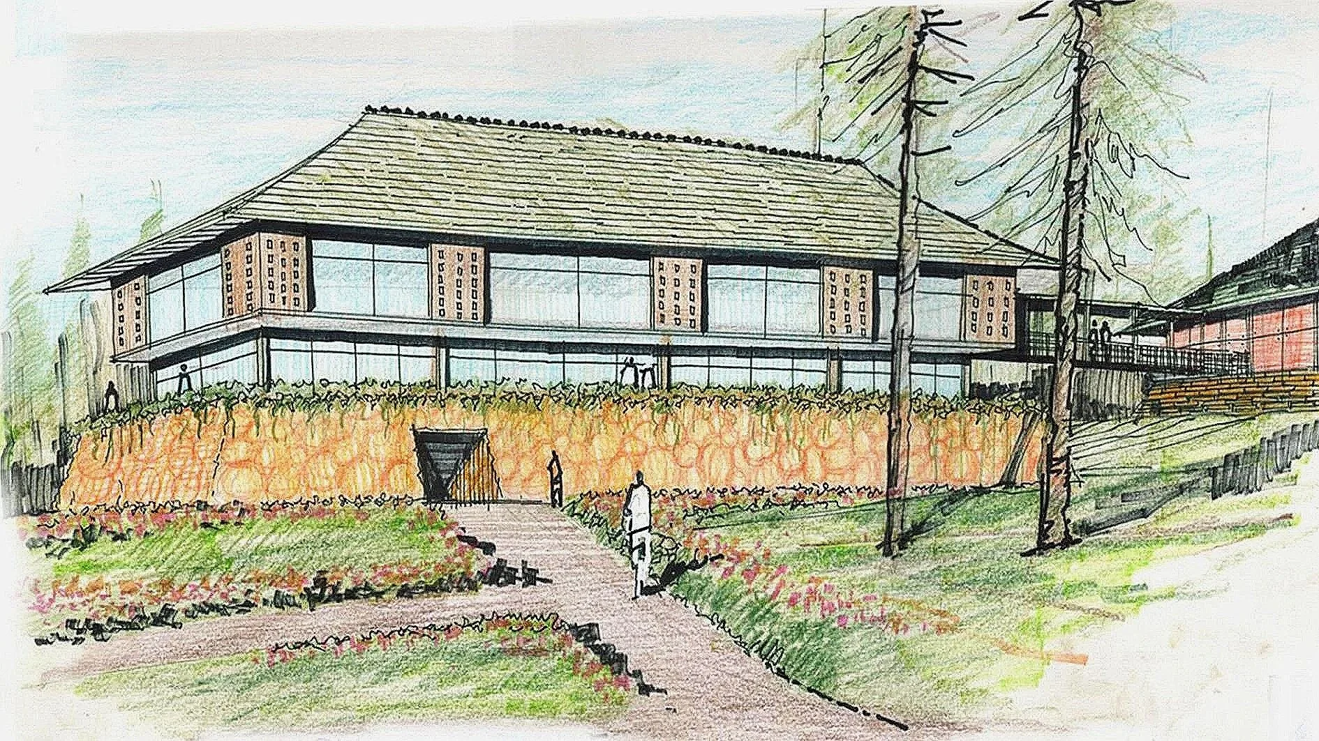 Hand-drawn colored sketch of a modern two-story house with large glass windows, surrounded by a garden and trees, and a pathway leading to the entrance.