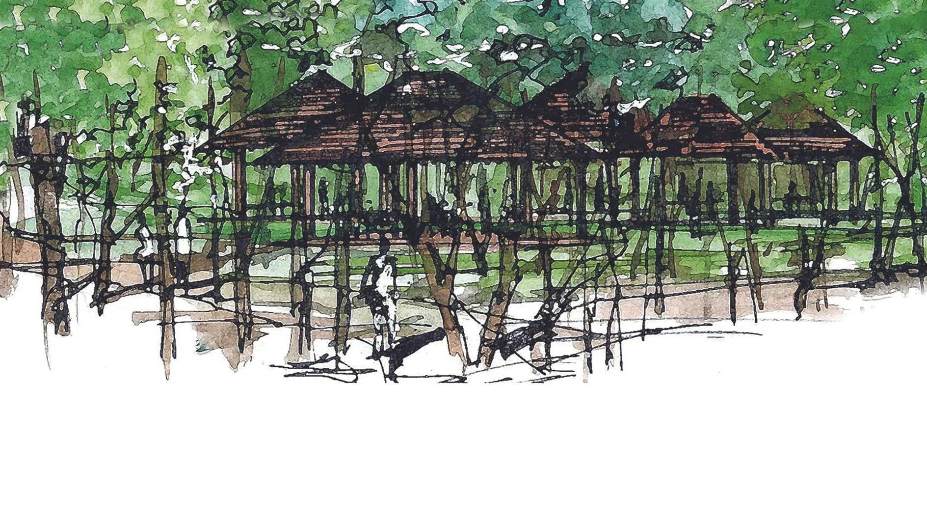 A watercolor illustration of a wooden treehouse with multiple sections, supported by numerous trees, surrounded by green foliage.
