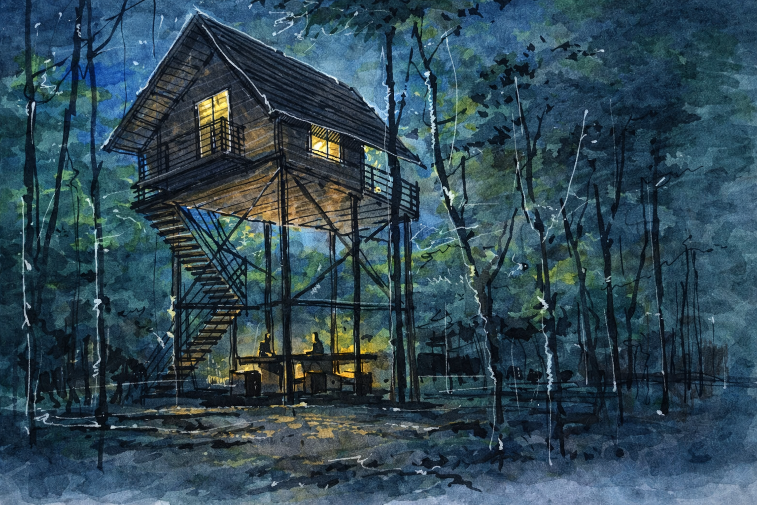 A treehouse illuminated from within, built among tall trees in a forest at night, with a staircase leading up to the house.