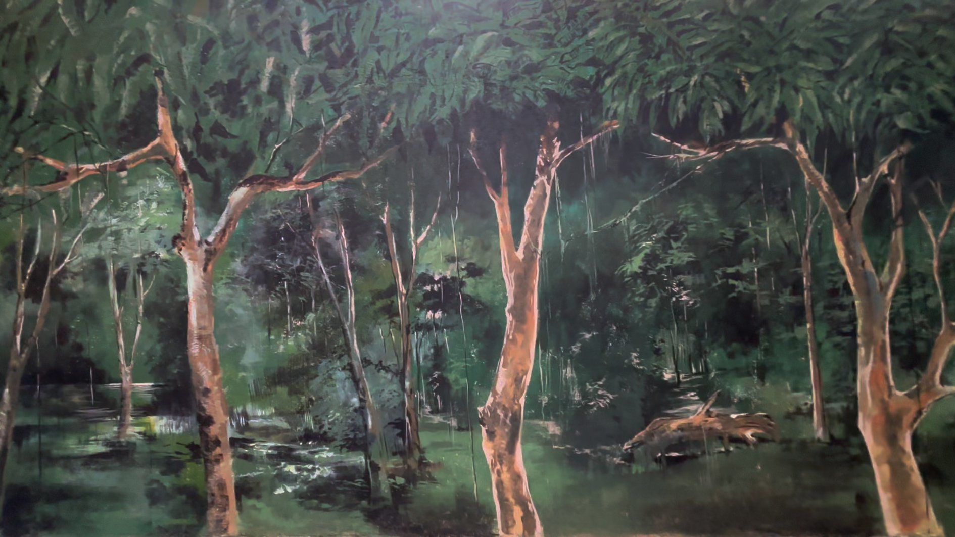 A painting of a dense forest scene featuring tall trees with thick trunks and lush green foliage, reflected in a calm body of water.