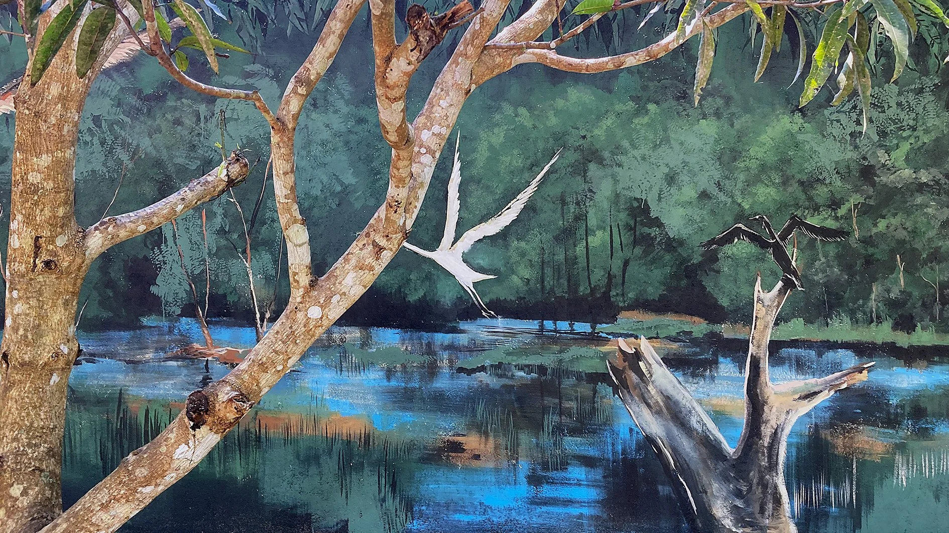 A nature scene with trees by a river, with a dove flying and a black bird perched on a branch, in a painted style.