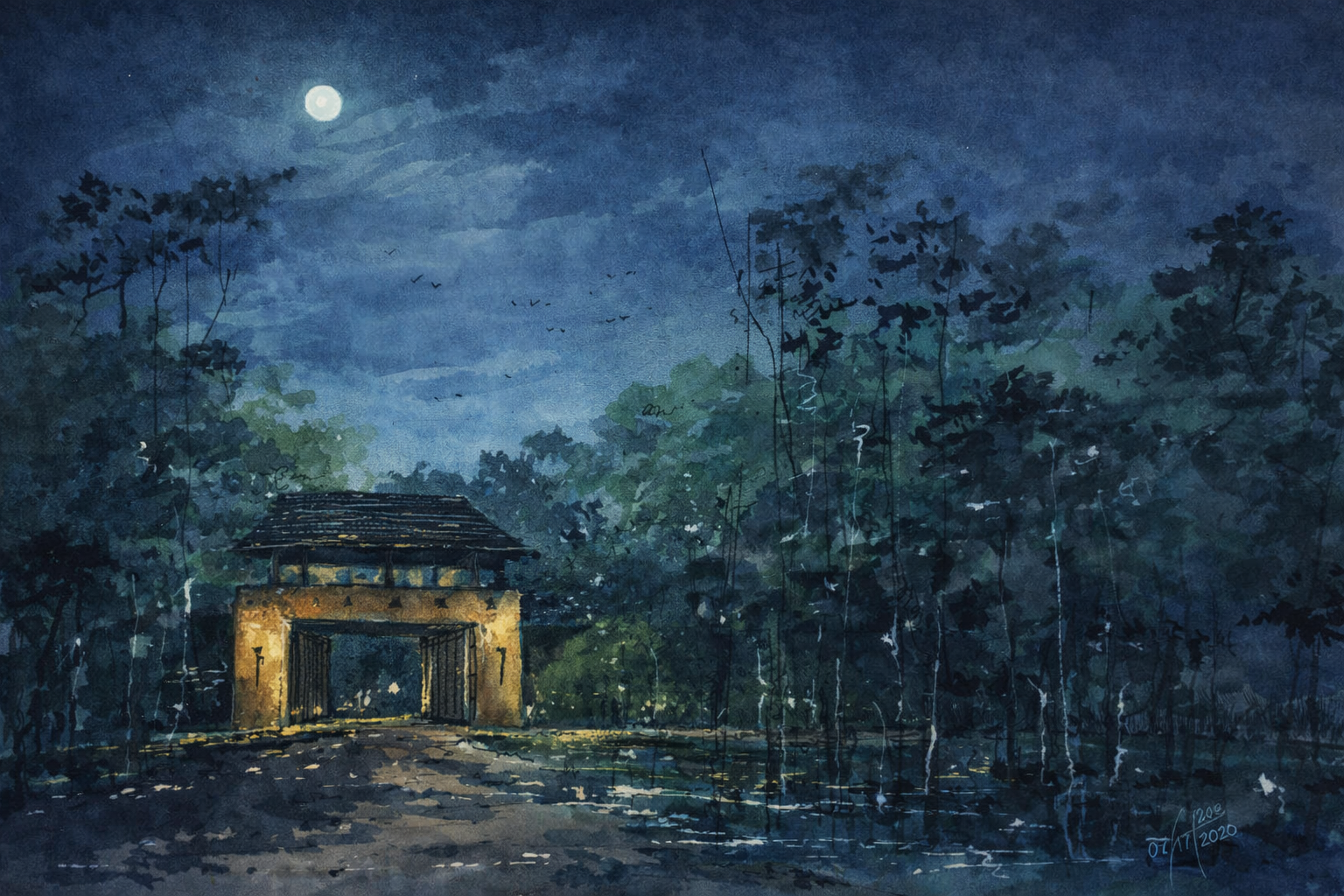 A watercolor painting of a moonlit night scene with a wooden gate entrance surrounded by trees and dense forest, illuminated by moonlight.