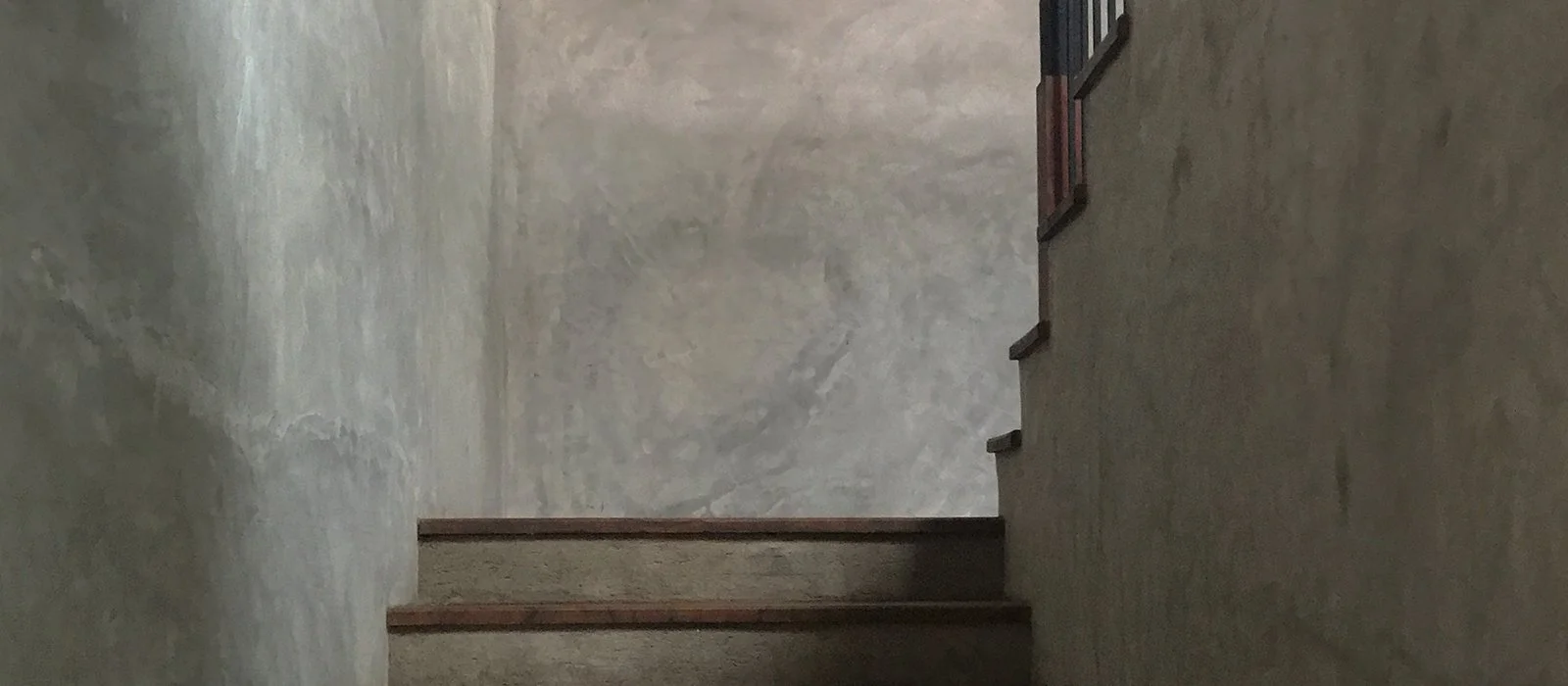 Indoor staircase with beige carpeting leading downwards, flanked by plain textured walls, one painted a light color and the other painted a dark color.