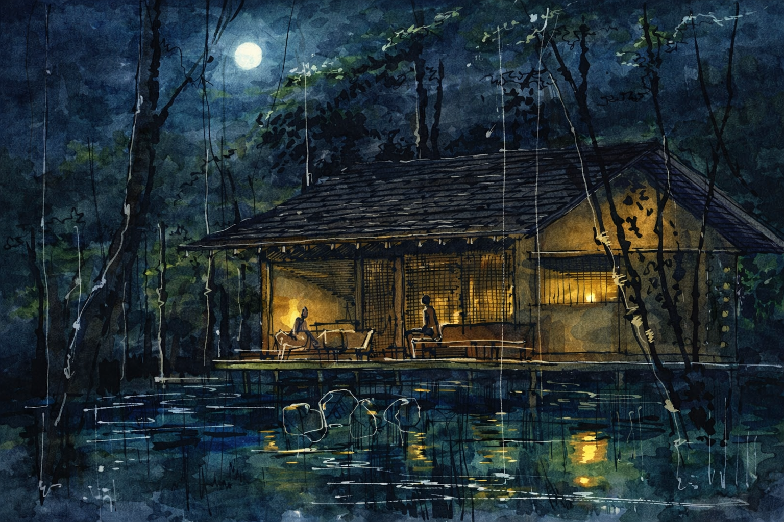 A nighttime watercolor painting of a wooden house on stilts beside a body of water with two people sitting and talking on the porch, illuminated by warm yellow lights, under a full moon in a dense forest.