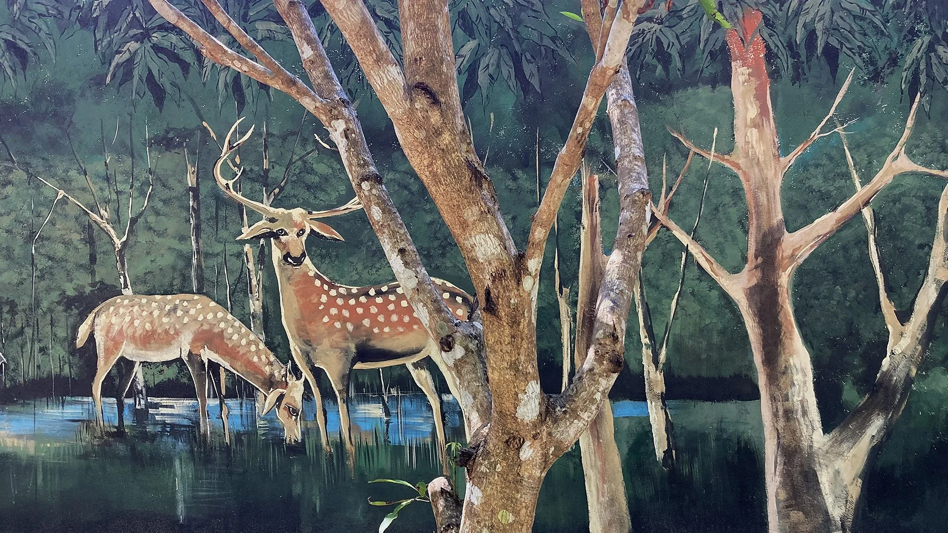 Painting of two deer standing in a pond surrounded by trees and dense forest.