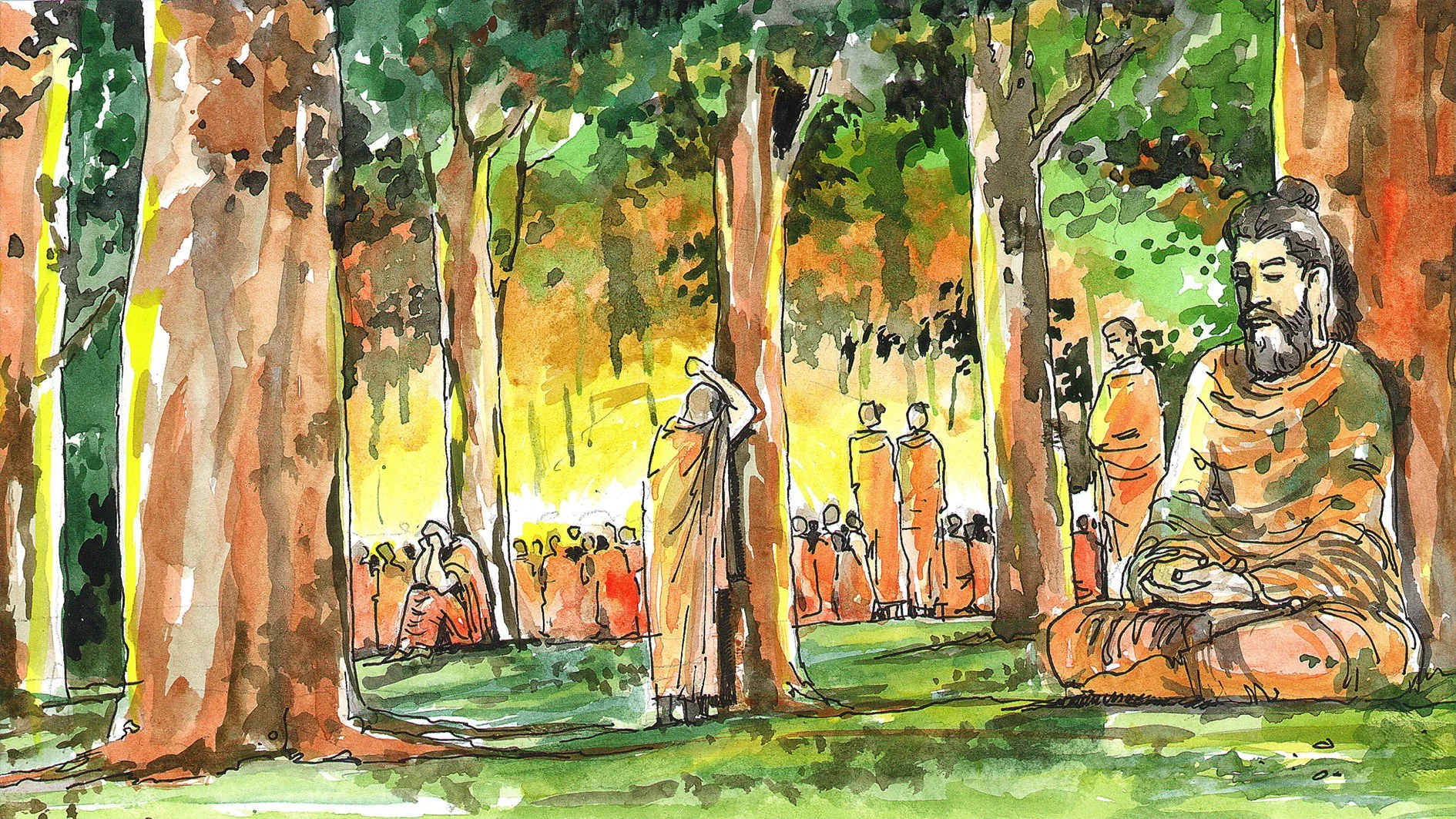 A watercolor painting of a forest with tall trees, some people sitting and walking among the trees, and a large meditating figure in orange robes sitting cross-legged near the right side, with calm expression and hands resting on the lap.