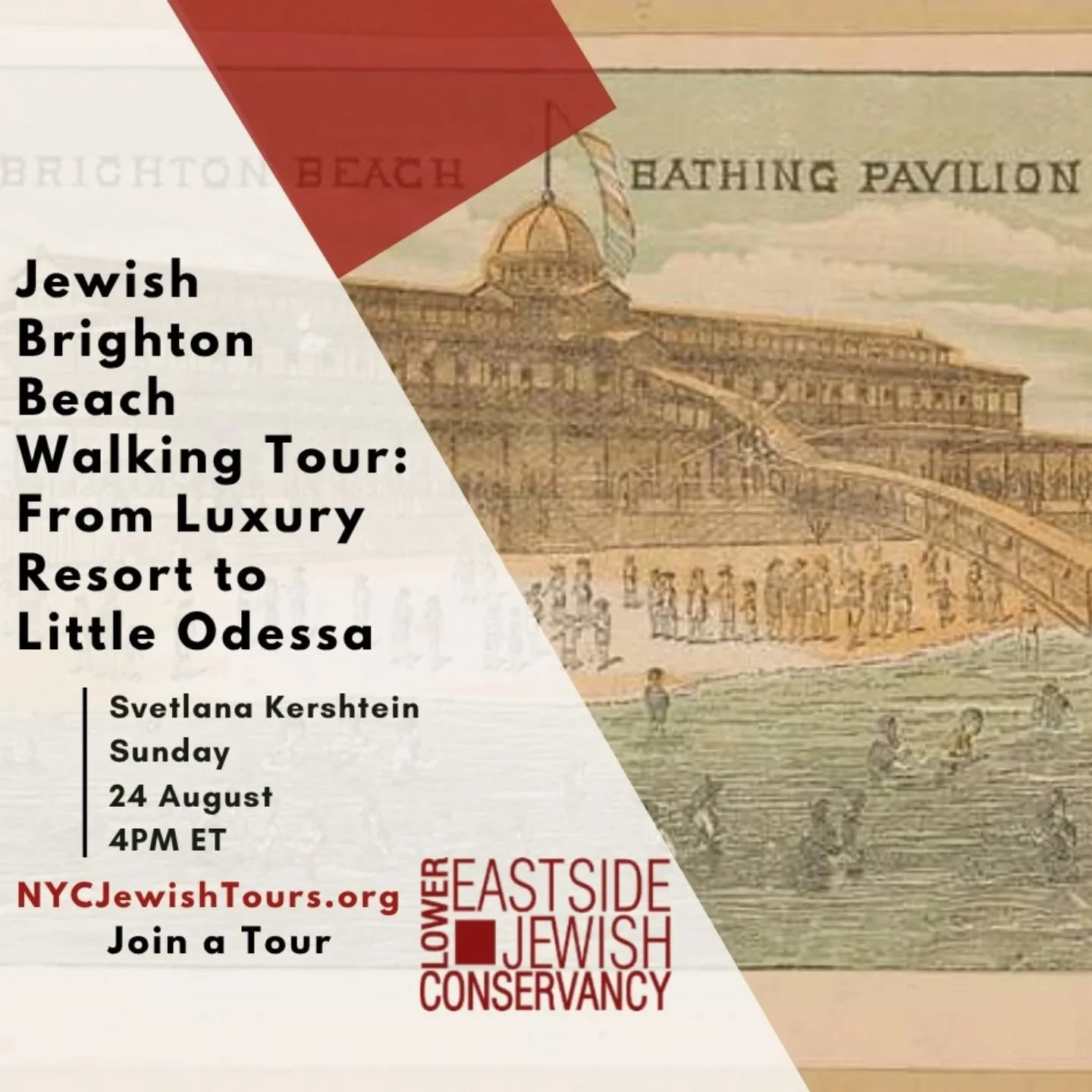 The Lower East Side Jewish Conservancy presents: Jewish Brighton Beach Walking Tour: From Luxury Resort to Little Odessa
Sunday, 24 August
4:00PM

https://www.nycjewishtours.org/join-a-tour

Brighton Beach was always famous as a simple residential ne