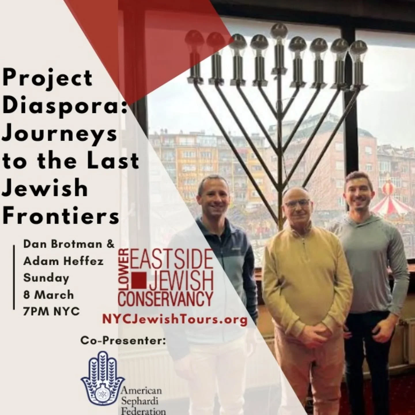 The Lower East Side Jewish Conservancy presents Project Diaspora: Journeys to the Last Jewish Frontiers on Sunday, 8 March at 7PM  Sign-up now! https://www.nycjewishtours.org/join-a-tour/8mar26

Today, nearly 85% of the global Jewish population lives