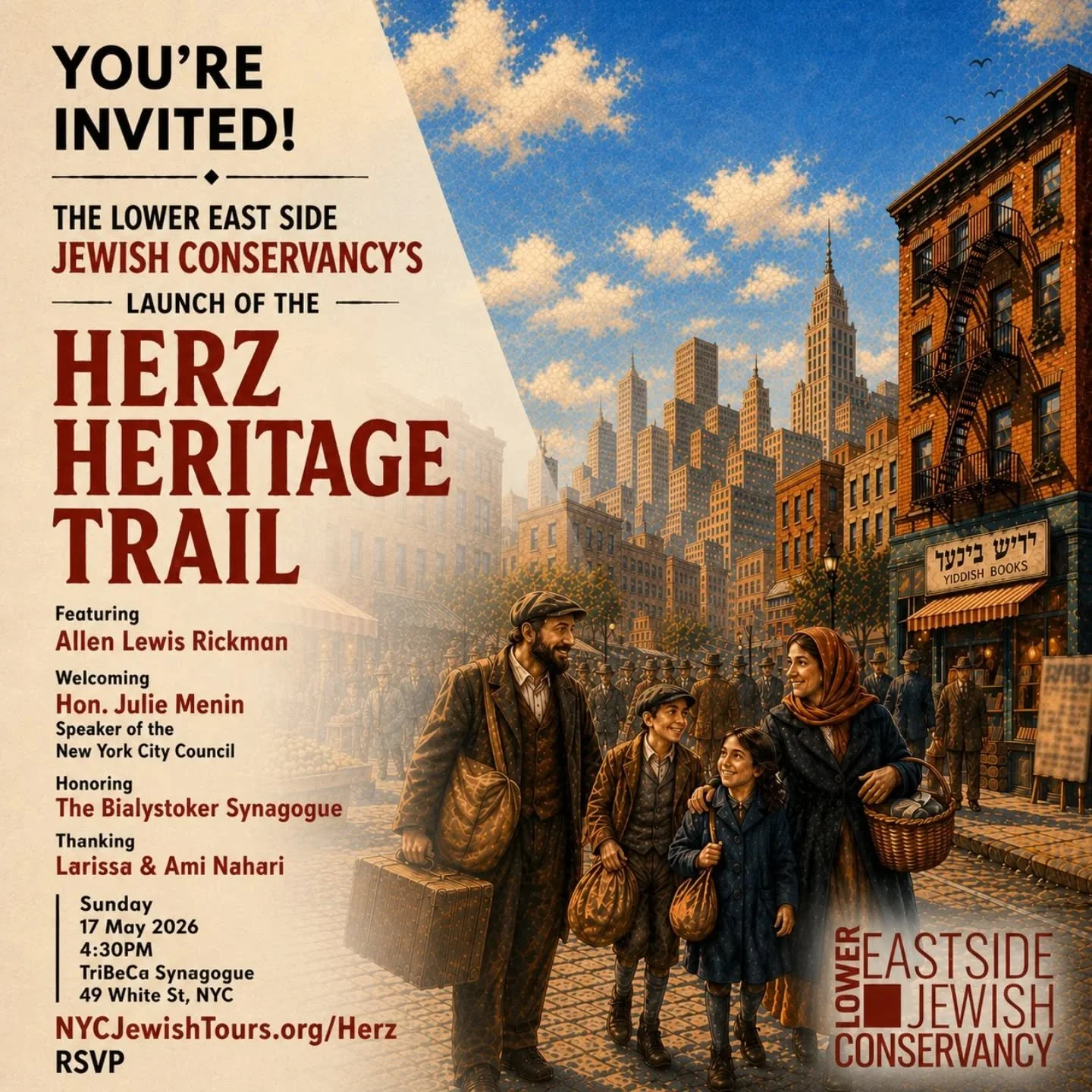 Join the Hon. @julmenin , Allen Lewis Rickman, Professor David E. Kaufman, as well as Larissa and Ami Nahari (@the.river.wine ) @tribeca_synagogue on Sunday, 17 May for a special Lower East Side Jewish Conservancy event honoring the Bialystoker Synag