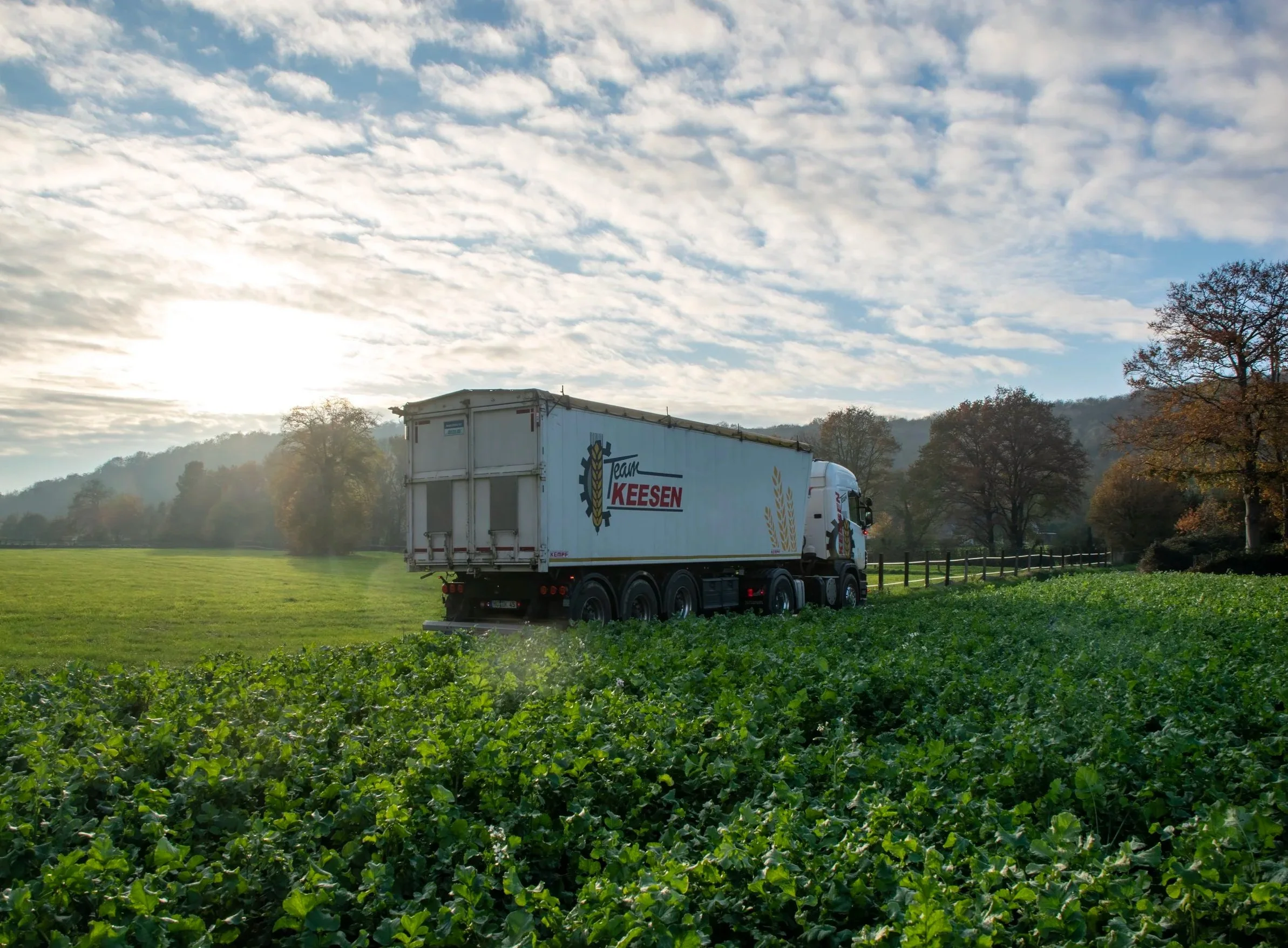 Ein Lastwagen fährt durch ein grünes Feld bei Sonnenaufgang, umgeben von Bäumen und Hügeln im Hintergrund.