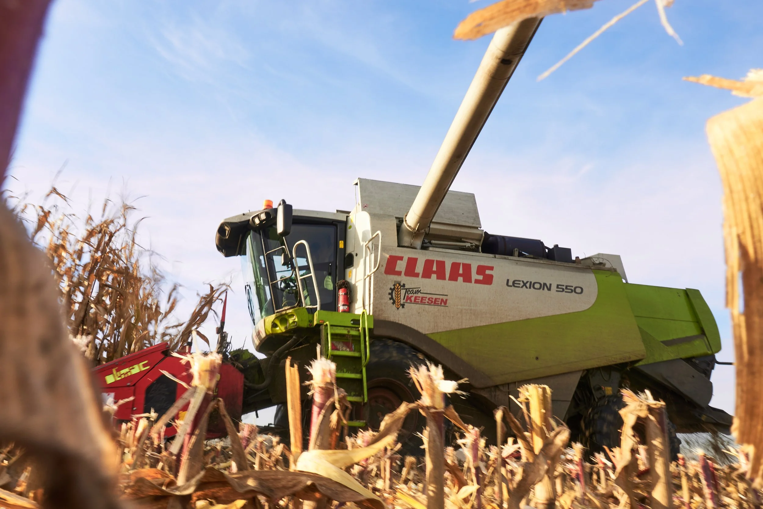 Landwirtschaftliche Erntemaschine beim Maisanbau im Einsatz auf einem Feld bei Sonnenuntergang.