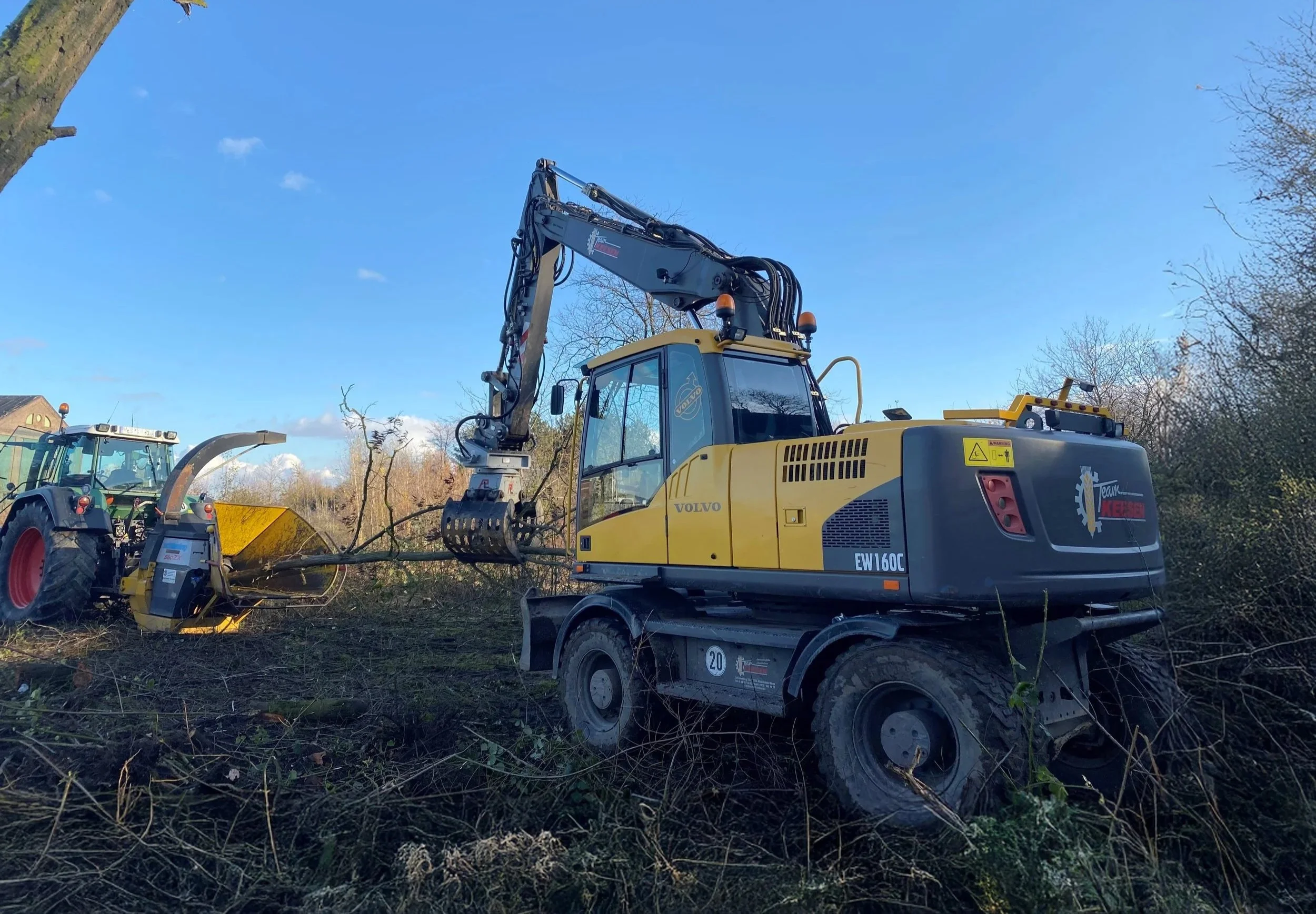 Bagger und Häcksler beim Roden von Bäumen im Freien, unter blauen Himmel und Bäumen im Hintergrund.