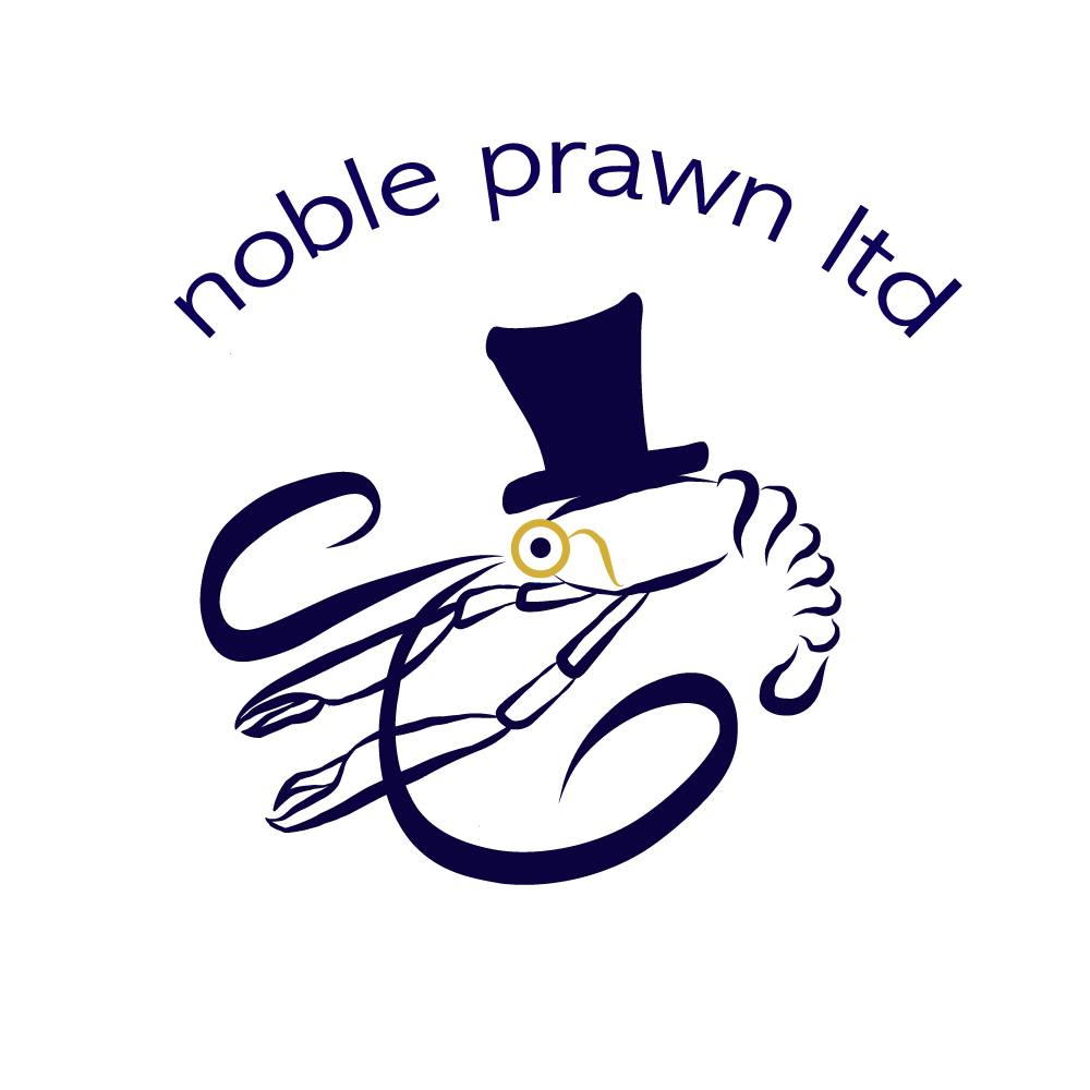 Logo of a stylized prawn wearing a top hat with the text 'noble prawn ltd' above it.