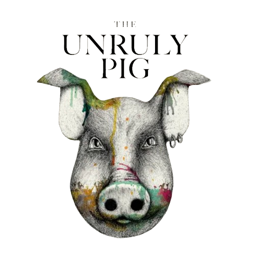 Artistic pig illustration with "The Unruly Pig" text
