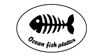 Fish skeleton design with text 'Ocean fish platter' inside an oval border.