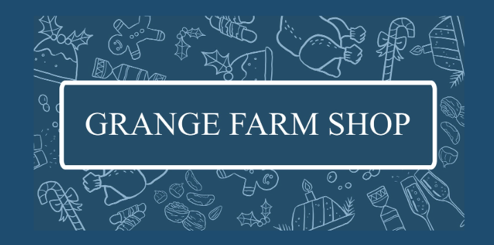 Grange Farm Shop sign with holiday-themed illustrations of food and decorations on a blue background.