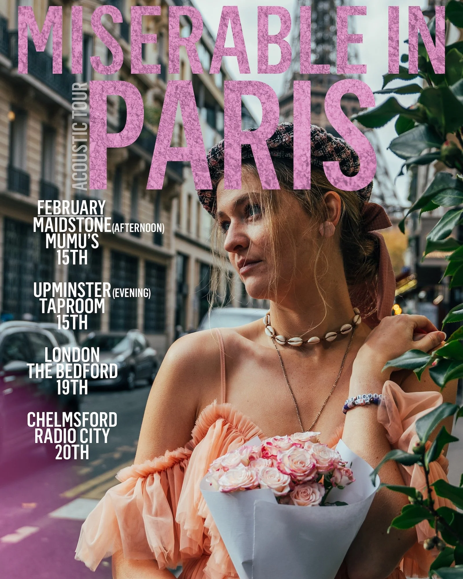 Louise Parker Miserable in Paris UK acoustic tour poster featuring dates in Maidstone, Upminster, London and Chelmsford.