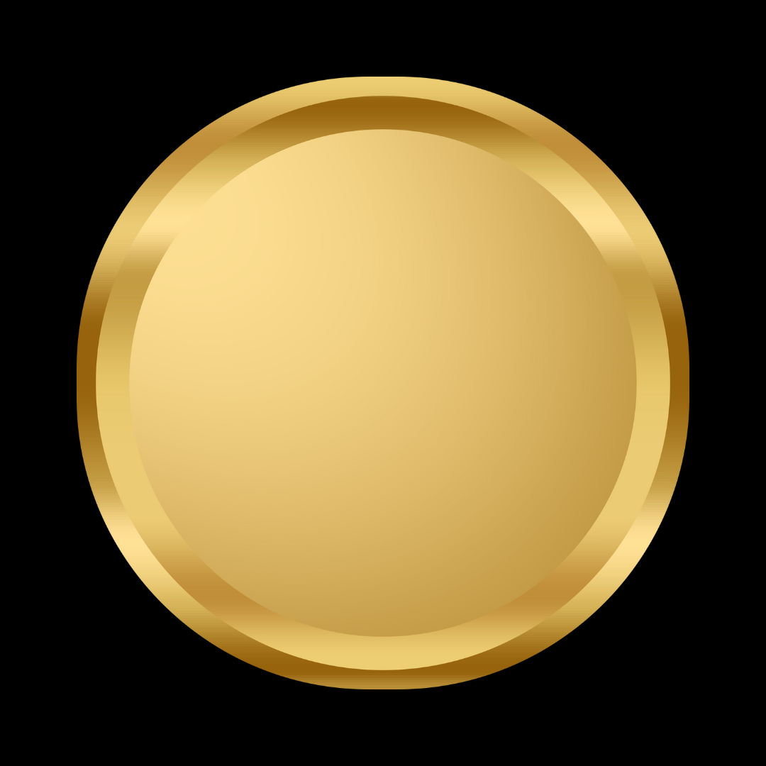 A large, shiny, gold-colored coin with a reflective surface.