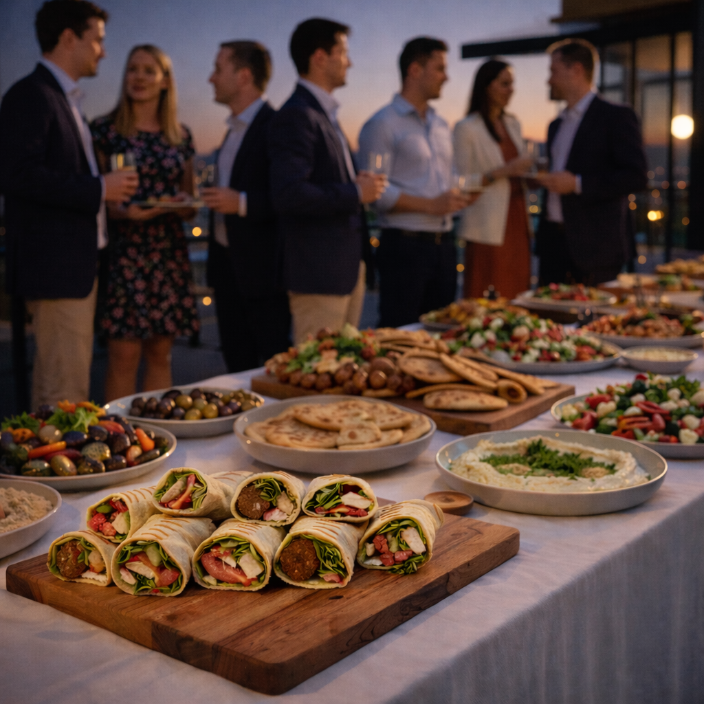 Group of people in formal attire socializing at an outdoor evening buffet with various dishes, including wraps, salads, and appetizers.