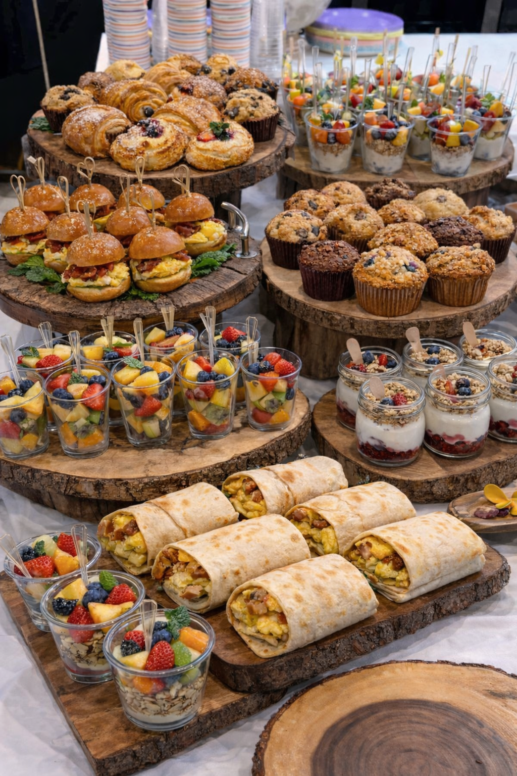 A dessert and snack display featuring cupcakes, mini sandwiches, fruit cups, yogurt parfaits, and wraps arranged on wooden slabs.