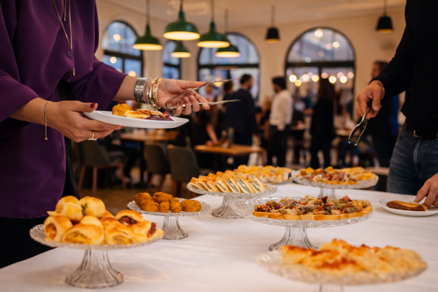 People serving themselves food at a buffet table with various appetizers and finger foods during an event in a well-lit restaurant or event space.