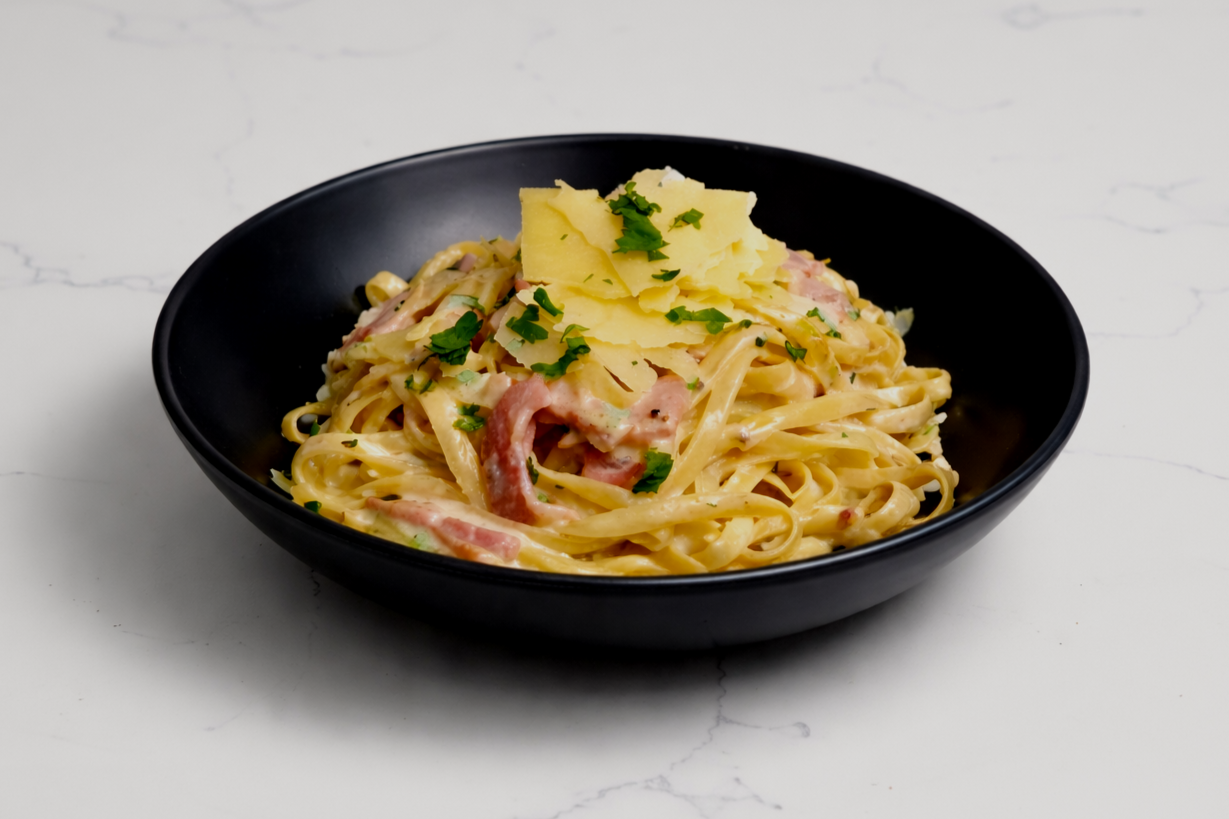 Black bowl of creamy fettuccine pasta with slices of ham, topped with shaved Parmesan cheese and chopped parsley on a white marble surface.