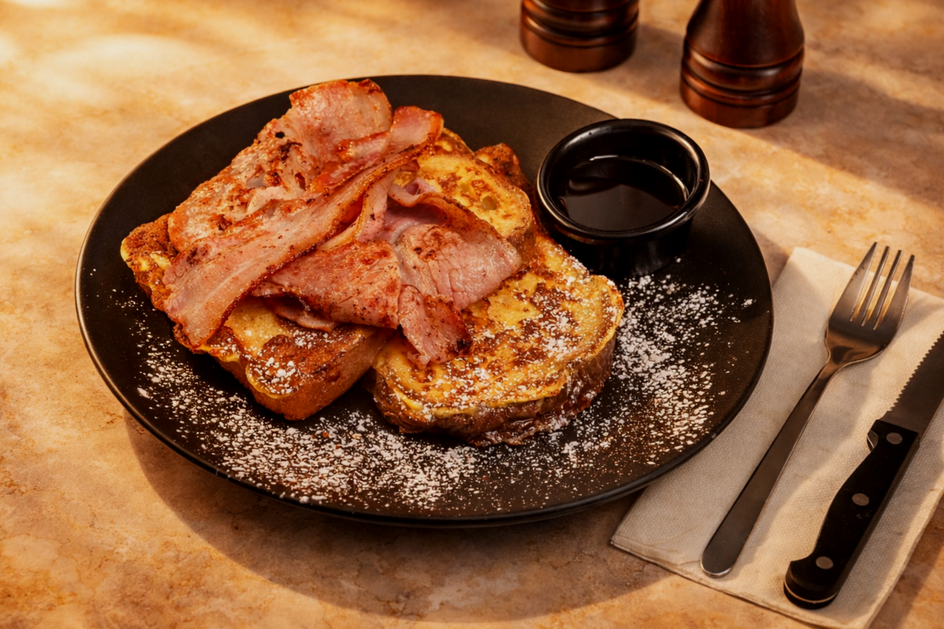French toast topped with crispy bacon, served with powdered sugar and syrup on a black plate, with a fork and knife on a napkin beside it.