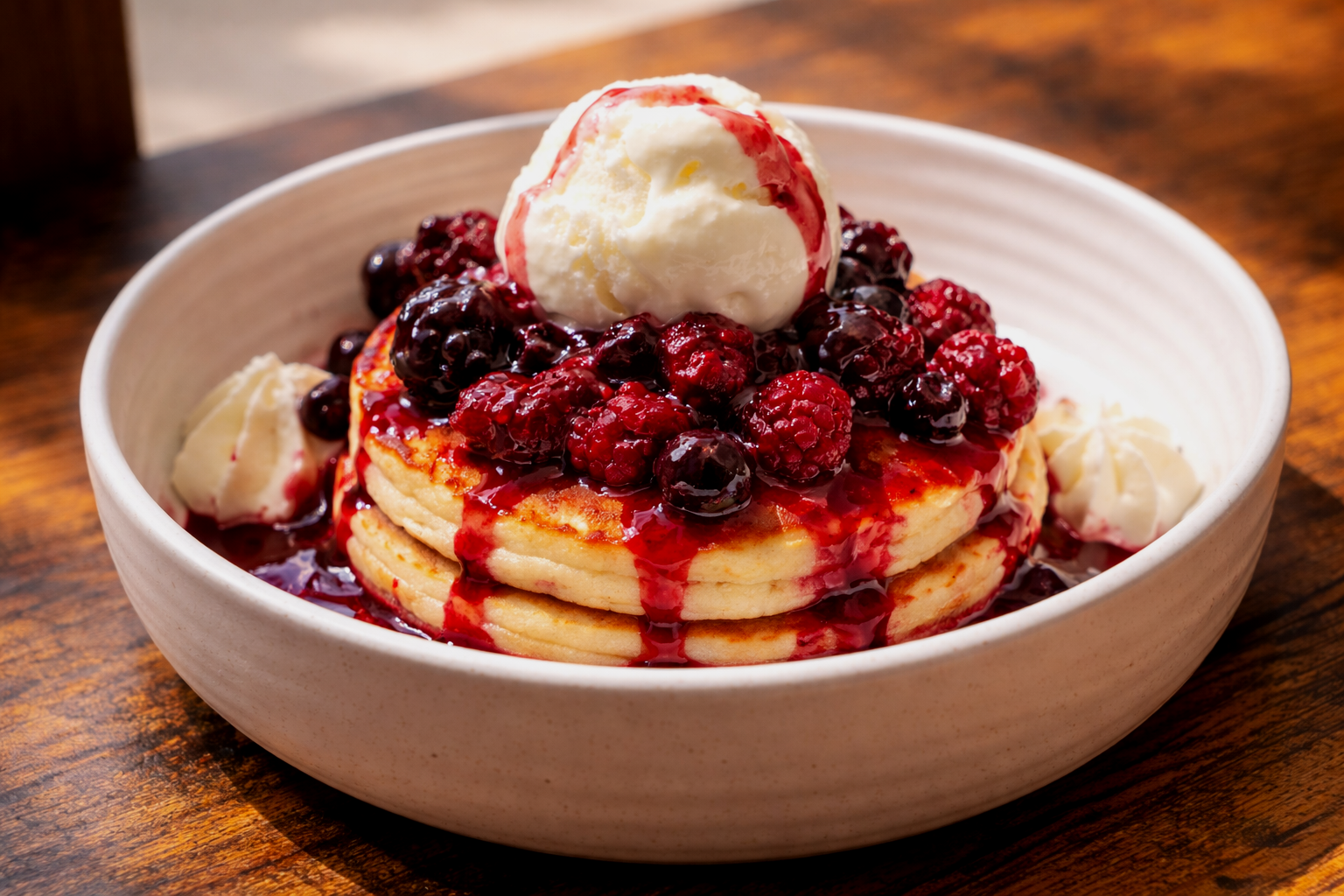 A bowl of pancakes topped with mixed berries and a scoop of vanilla ice cream, drizzled with berry syrup.