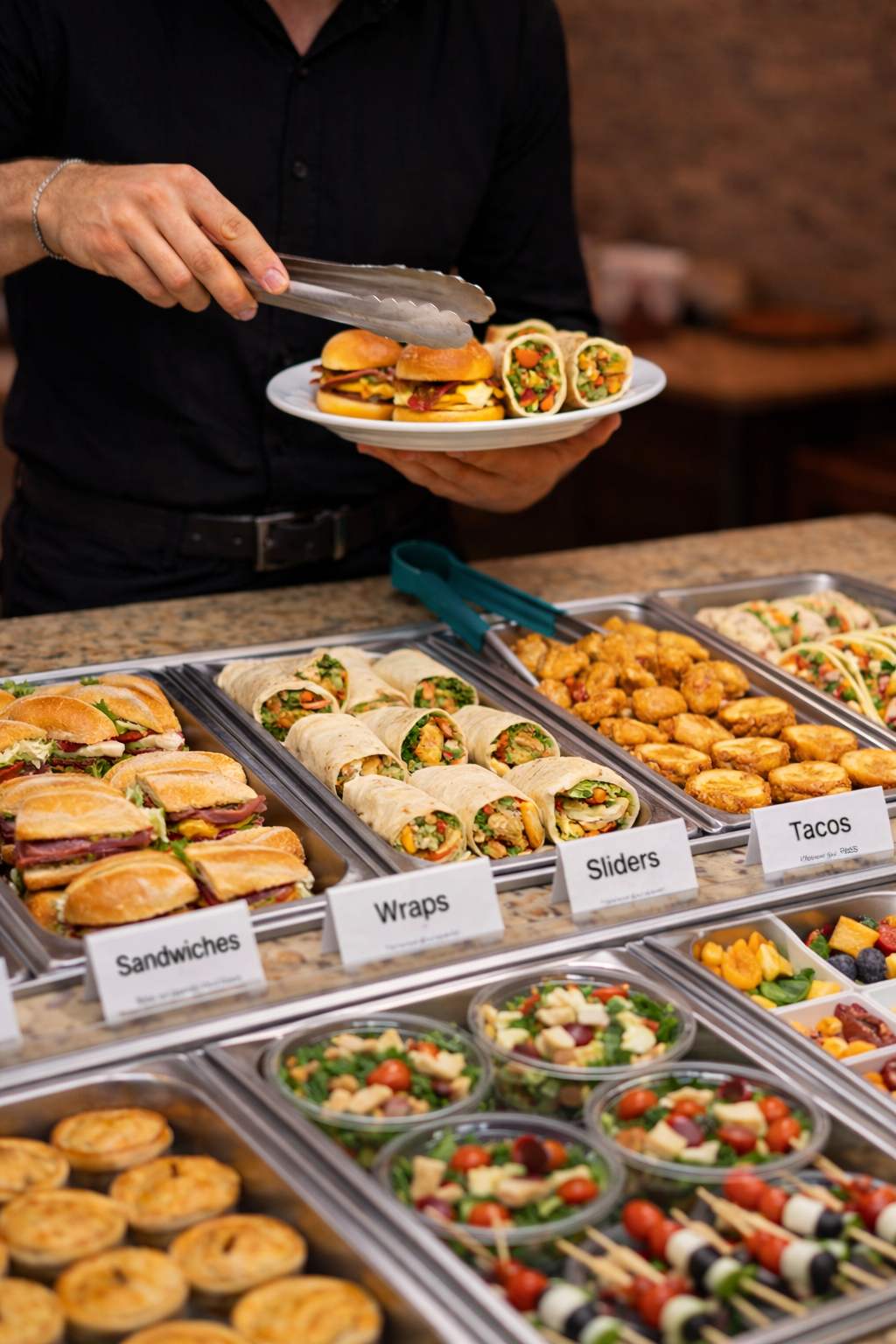 A person serving sandwiches, sliders, tacos, and salads at a buffet table with labeled trays.