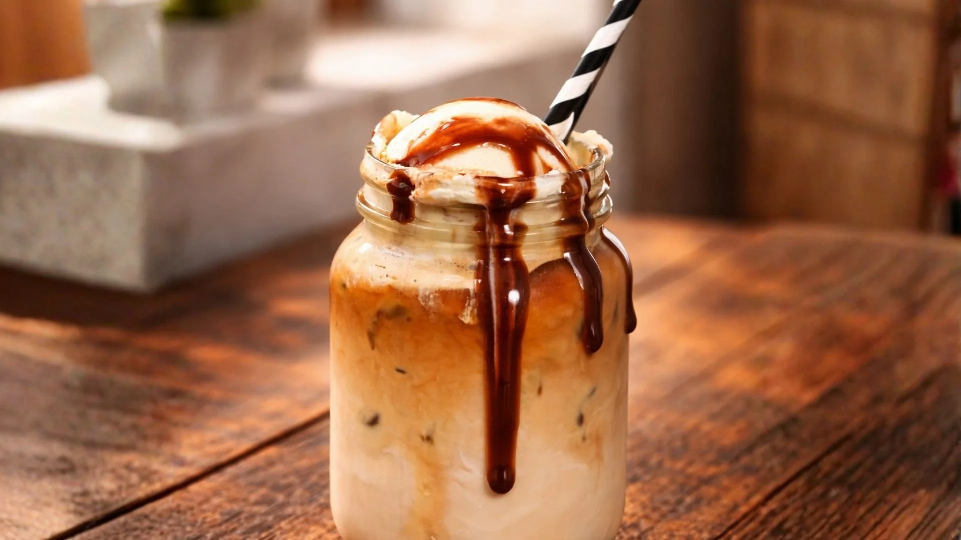 A glass jar filled with a caramel-flavored iced coffee topped with vanilla ice cream, drizzled with chocolate syrup, and served with a black and white striped straw on a wooden table.