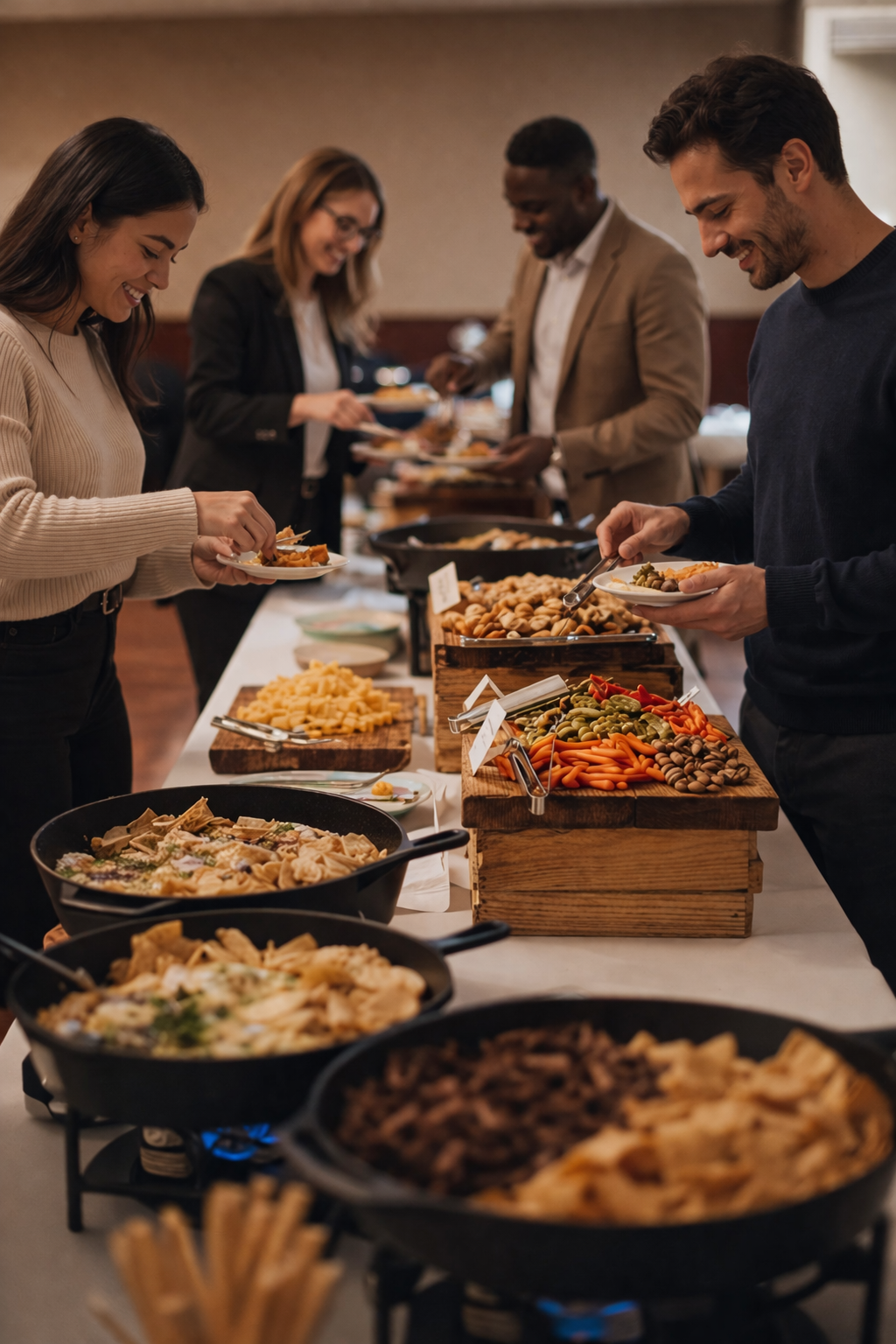People serving themselves food at a buffet with various dishes and snacks.