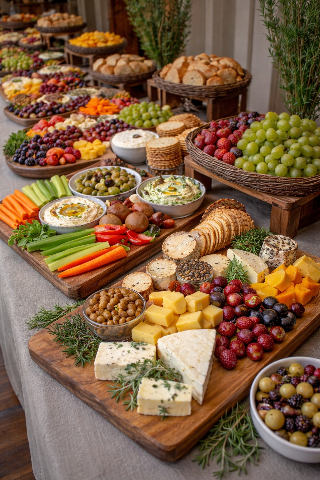 A large variety of fresh fruits, vegetables, cheese, crackers, and dips arranged on wooden platters and bowls for a buffet or party spread.