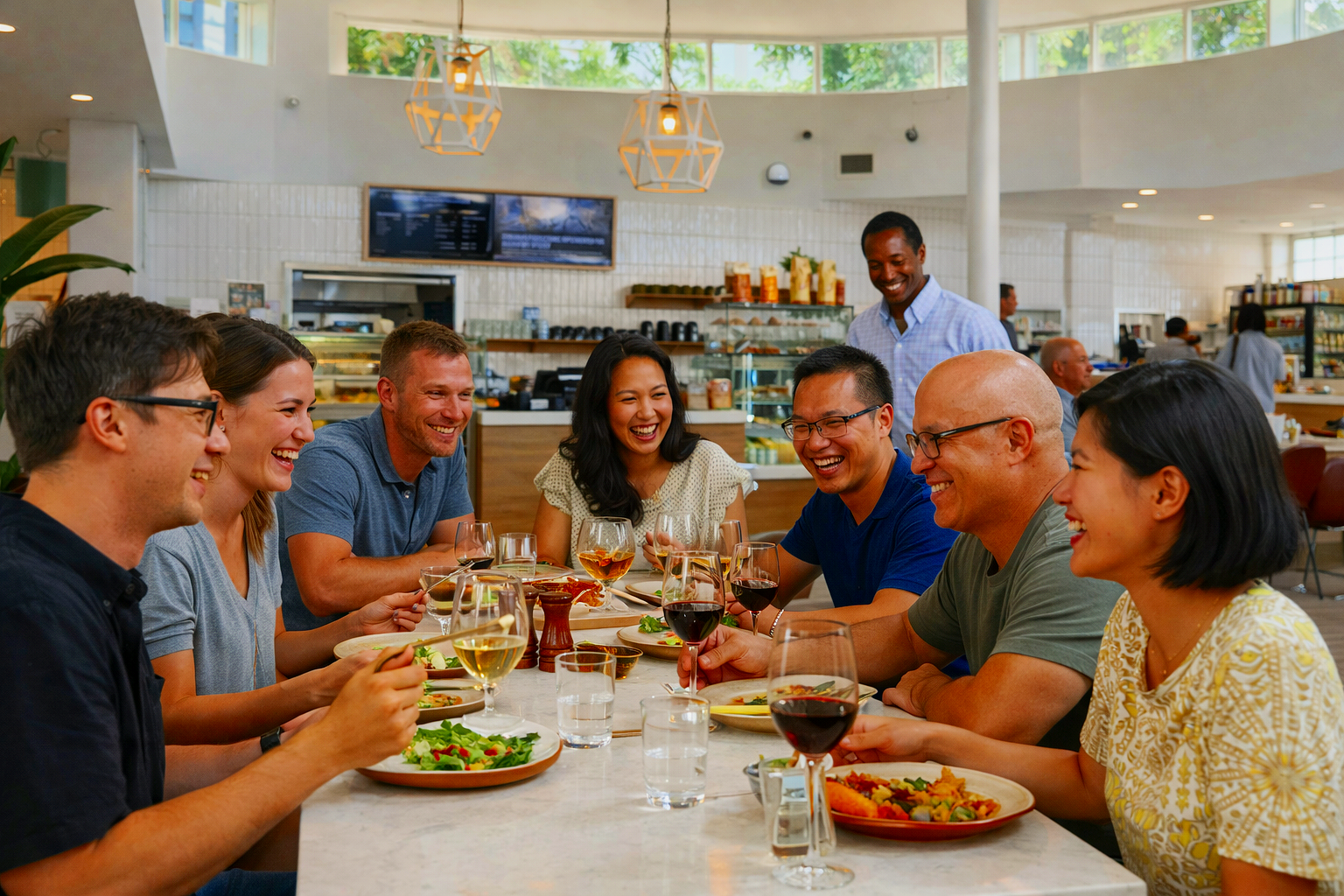 A group of nine diverse people enjoying a meal together at a restaurant, smiling and laughing, with food and drinks on the table.