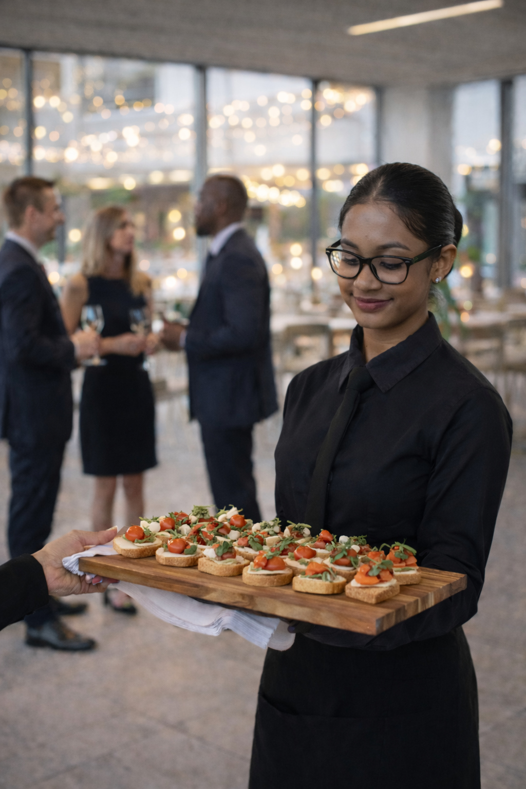 Server holding a tray of assorted appetizers in a formal event with guests in the background