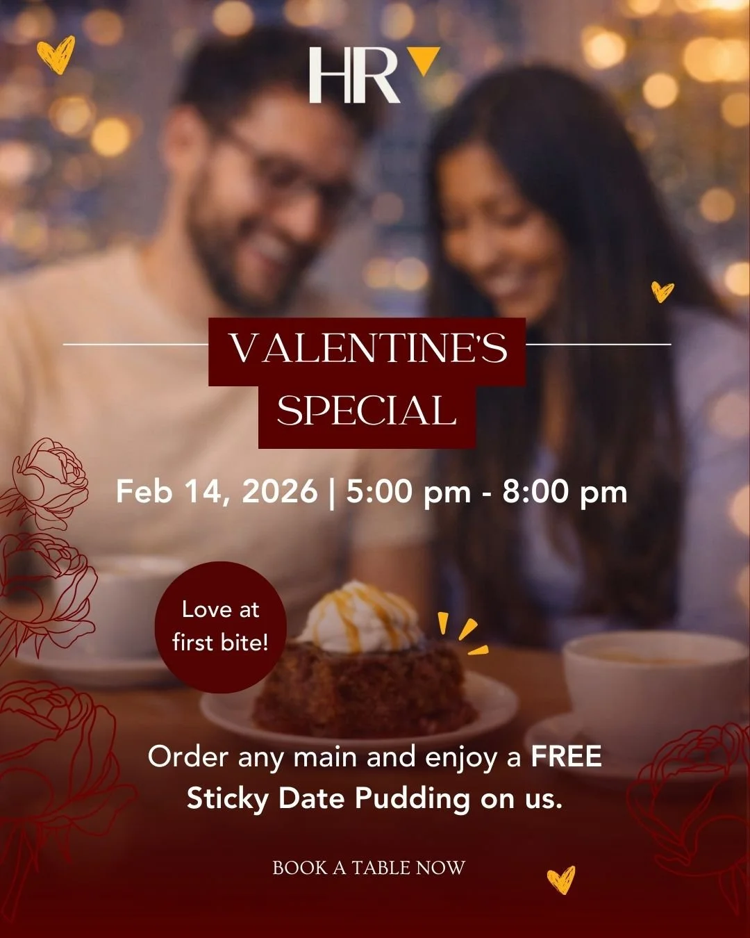 A blurred photo of a smiling couple sharing a dessert at a romantic Valentine's Day event, with decorative hearts and roses and event details overlaid.
