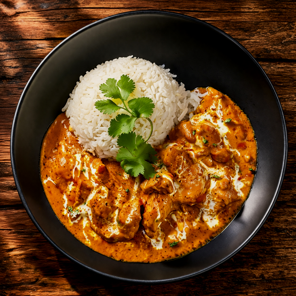 A black bowl containing white rice garnished with cilantro and served with curry chicken in a creamy sauce, placed on a wooden surface.