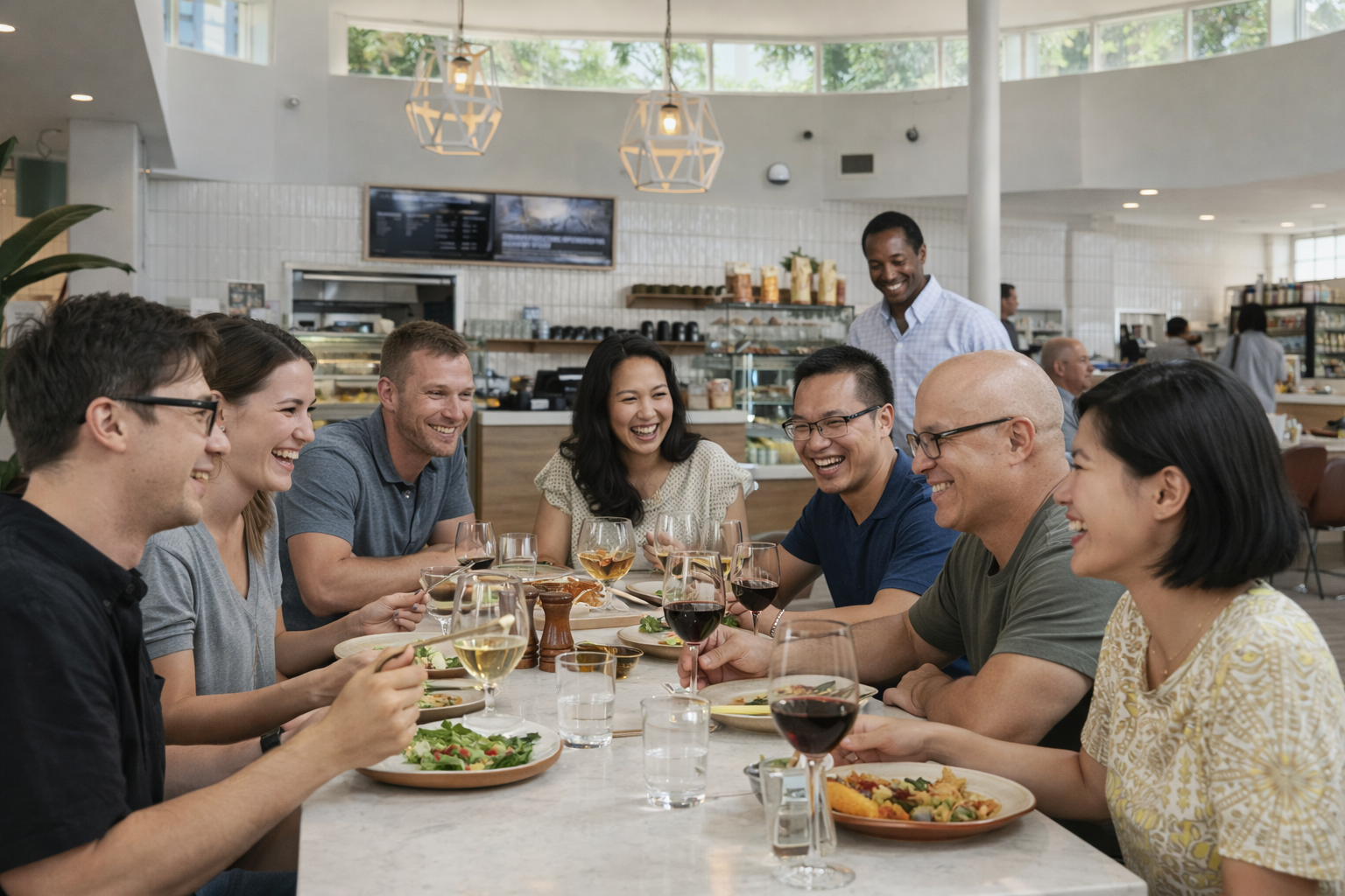 A collage of three images: the first shows a glass of a pink cocktail with ice, the second shows a woman at a restaurant pouring white wine into a glass, and the third shows a person holding a tray of sliced wrap sandwiches filled with vegetables and meats.