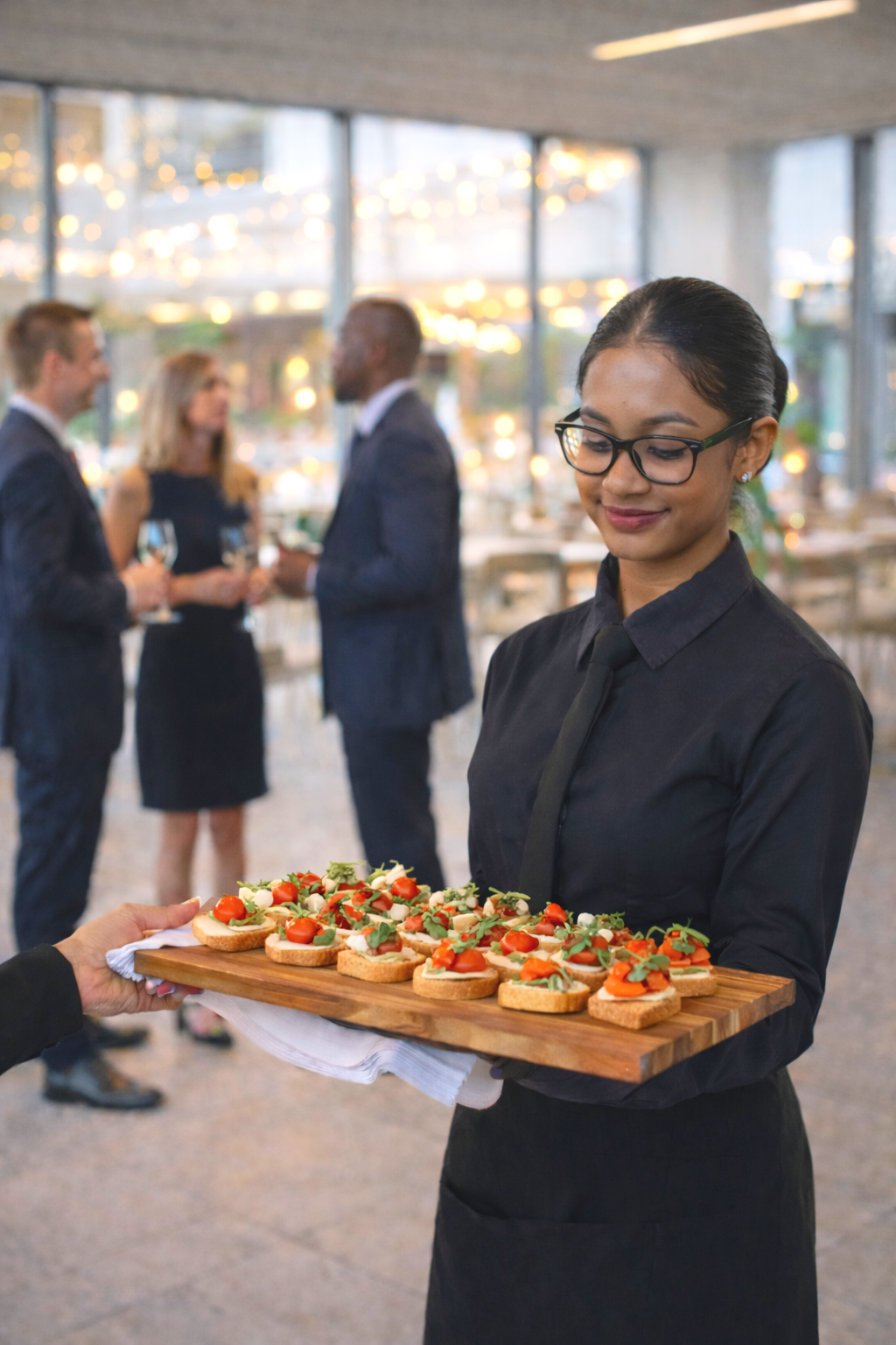 A woman in black attire serving colorful appetizers on a wooden tray at an indoor event with a blurred background of people socializing.