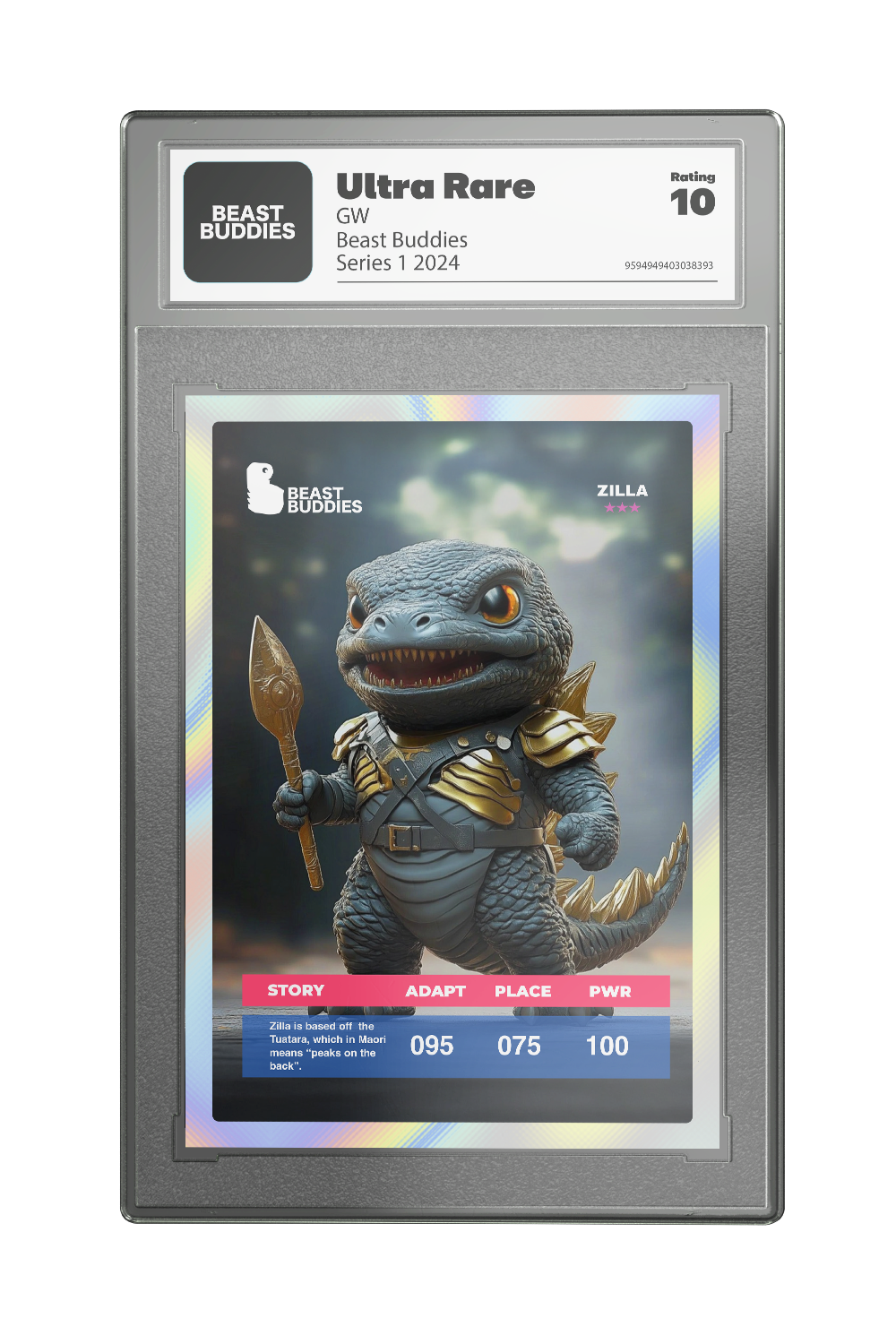 A collectible card of Zilla from Beast Buddies series 1, 2024, rated 10, featuring a 3D modeled figure of Zilla with armor and a spear, standing in a jungle background.