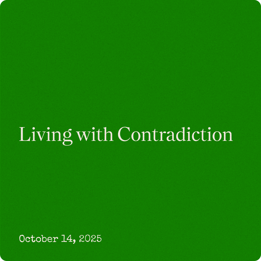 Green cover page with white text reading 'Living with Contradiction' and date October 14, 2025.