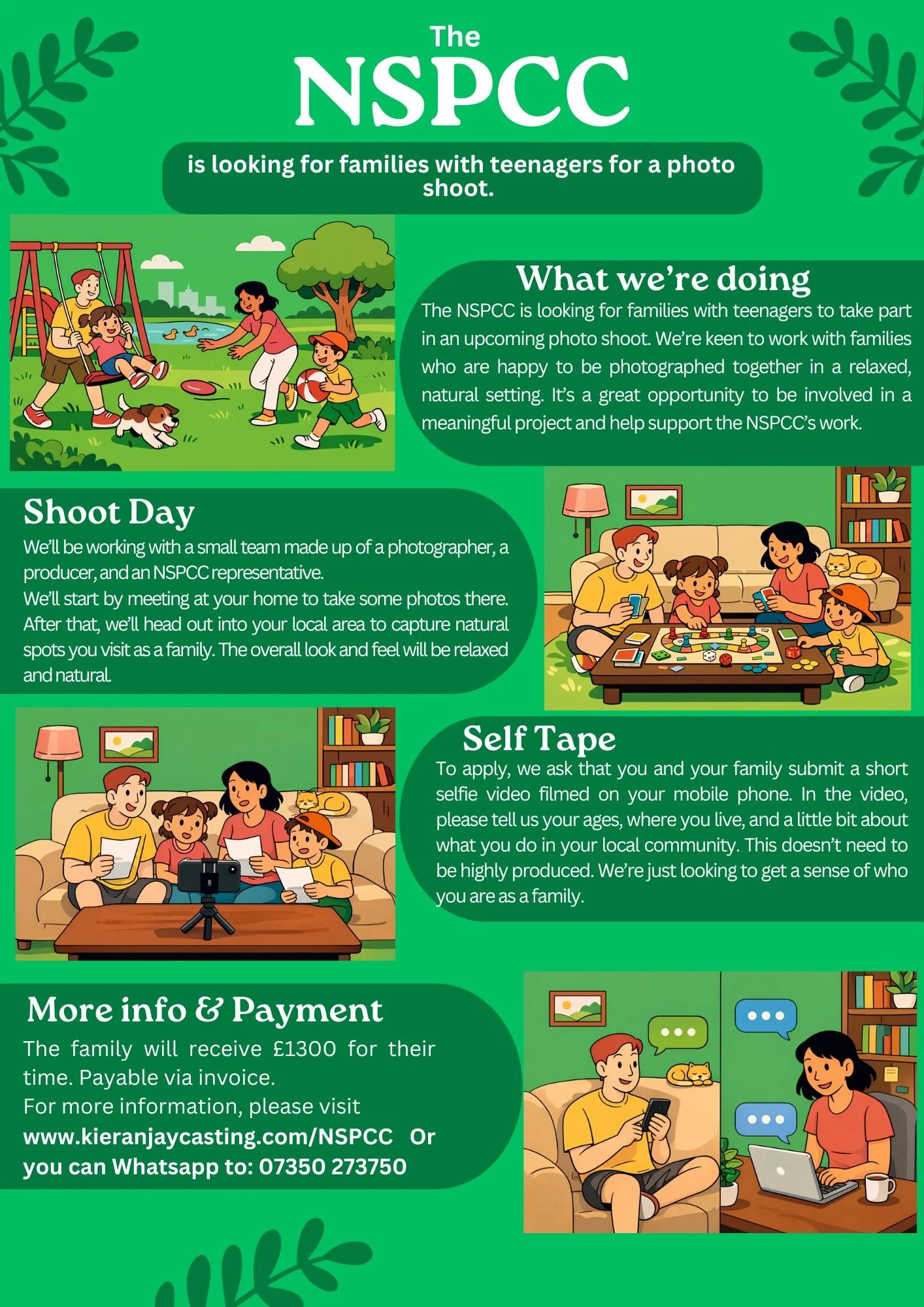 An informational poster for the NSPCC looking for families with teenagers for a photo shoot. It includes illustrations of children playing outside, a family of four playing board games indoors, and a family filming a short selfie video inside a house.