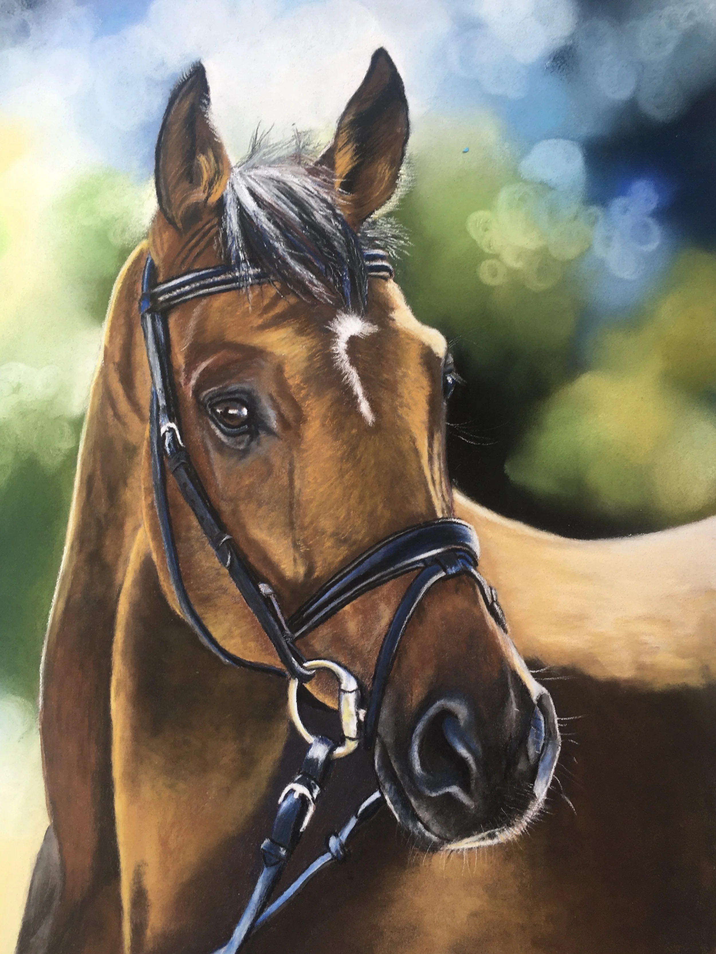 A detailed painting of a brown horse with a black and white mane, wearing a blue bridle, set against a blurred green and blue background.