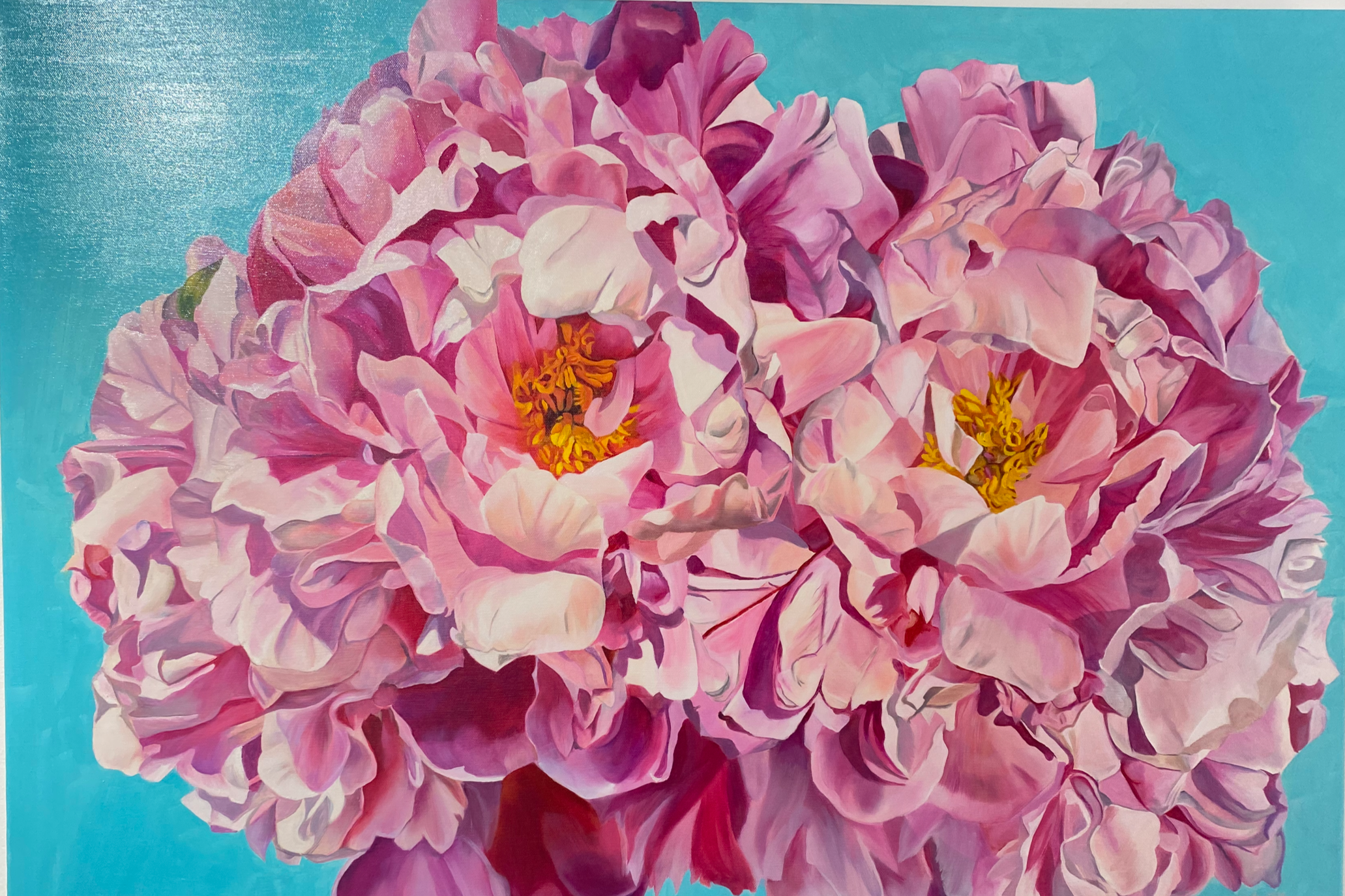 A painting of a large pink peony flower with detailed petals against a turquoise background.