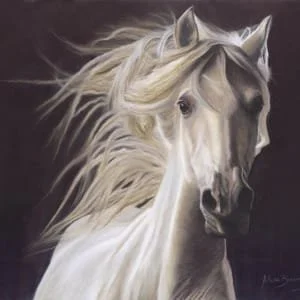 A detailed painting of a white horse with a flowing mane against a dark background.