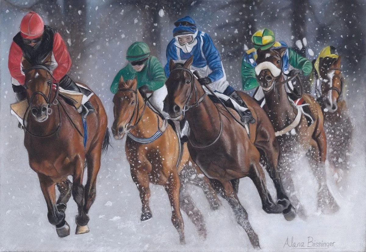 Horse race with five racehorses and jockeys running through snow, wearing colorful helmets and riding gear.