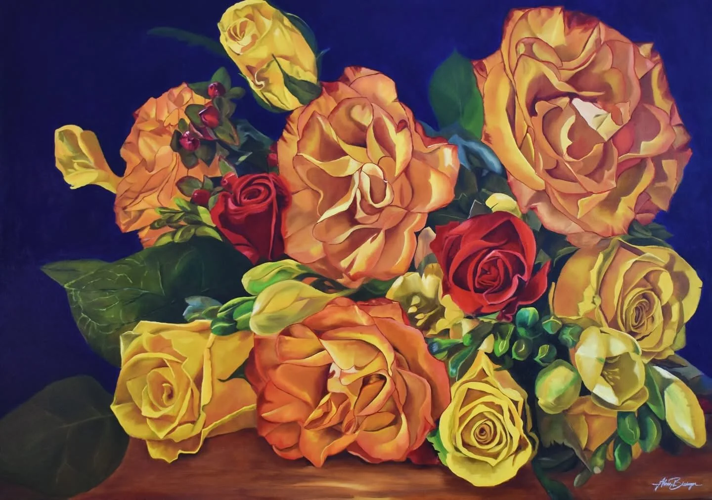 A still life painting of a bouquet of roses and other flowers in shades of yellow, orange, and red, with green leaves against a dark blue background.