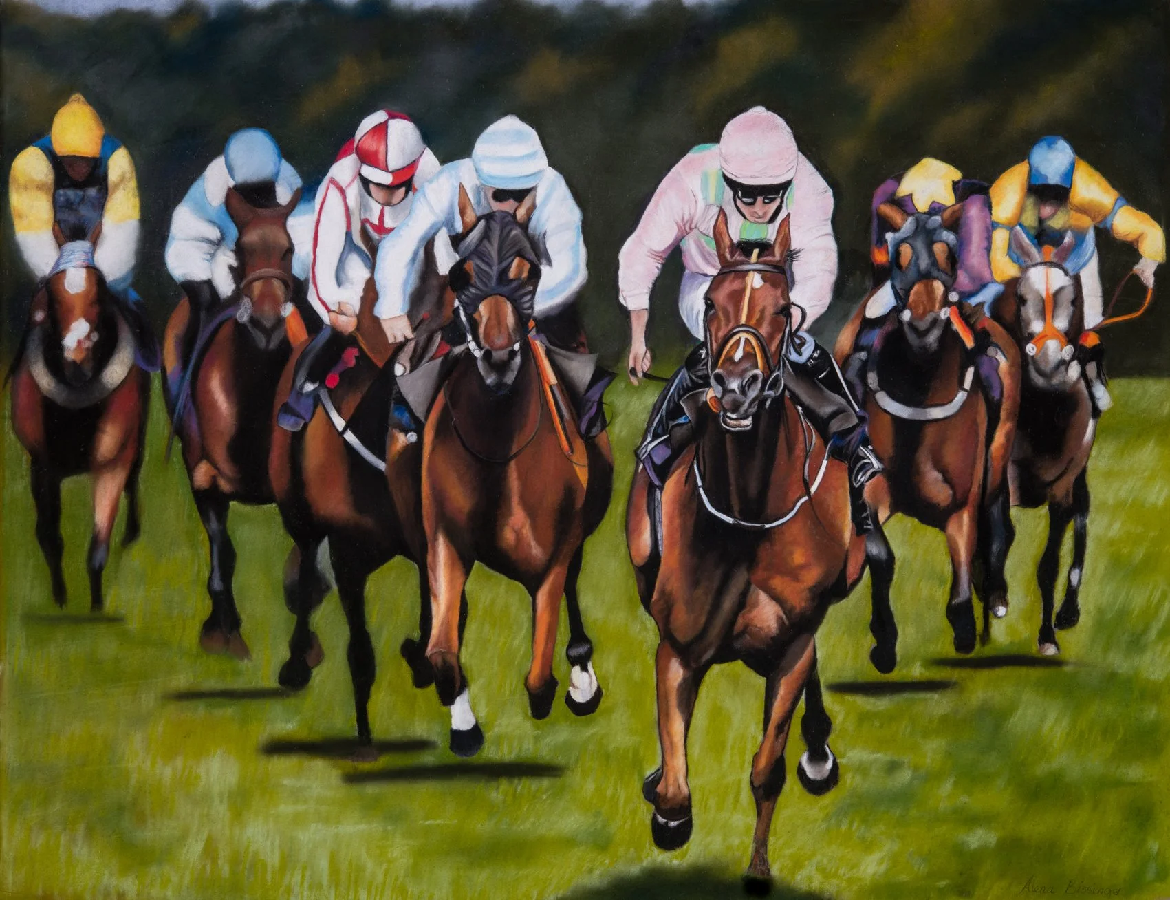 A painting of a horse race with several jockeys riding horses on a race track.