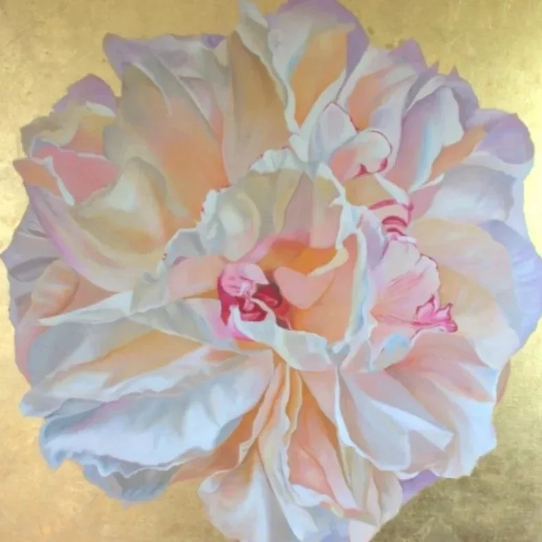 A painting of a flower with soft pastel colors on a golden background.